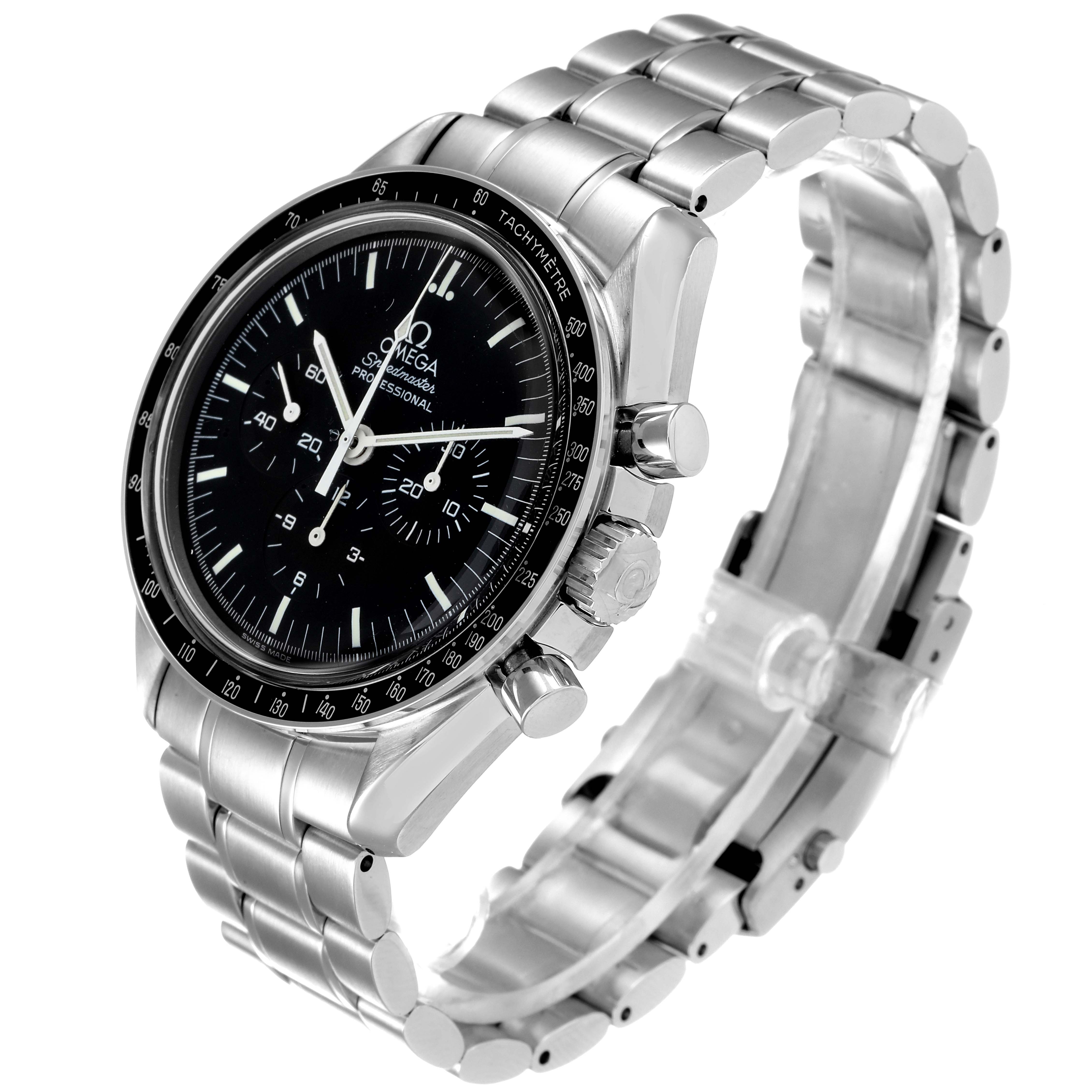 The image shows an Omega Speedmaster 3572.50.00 Men
s Stainless Steel Black Dial 3572.50.00 Men
s Stainless Steel Black Dial watch at an angled view, clearly displaying the face, bezel, case, crown, and stainless steel bracelet.