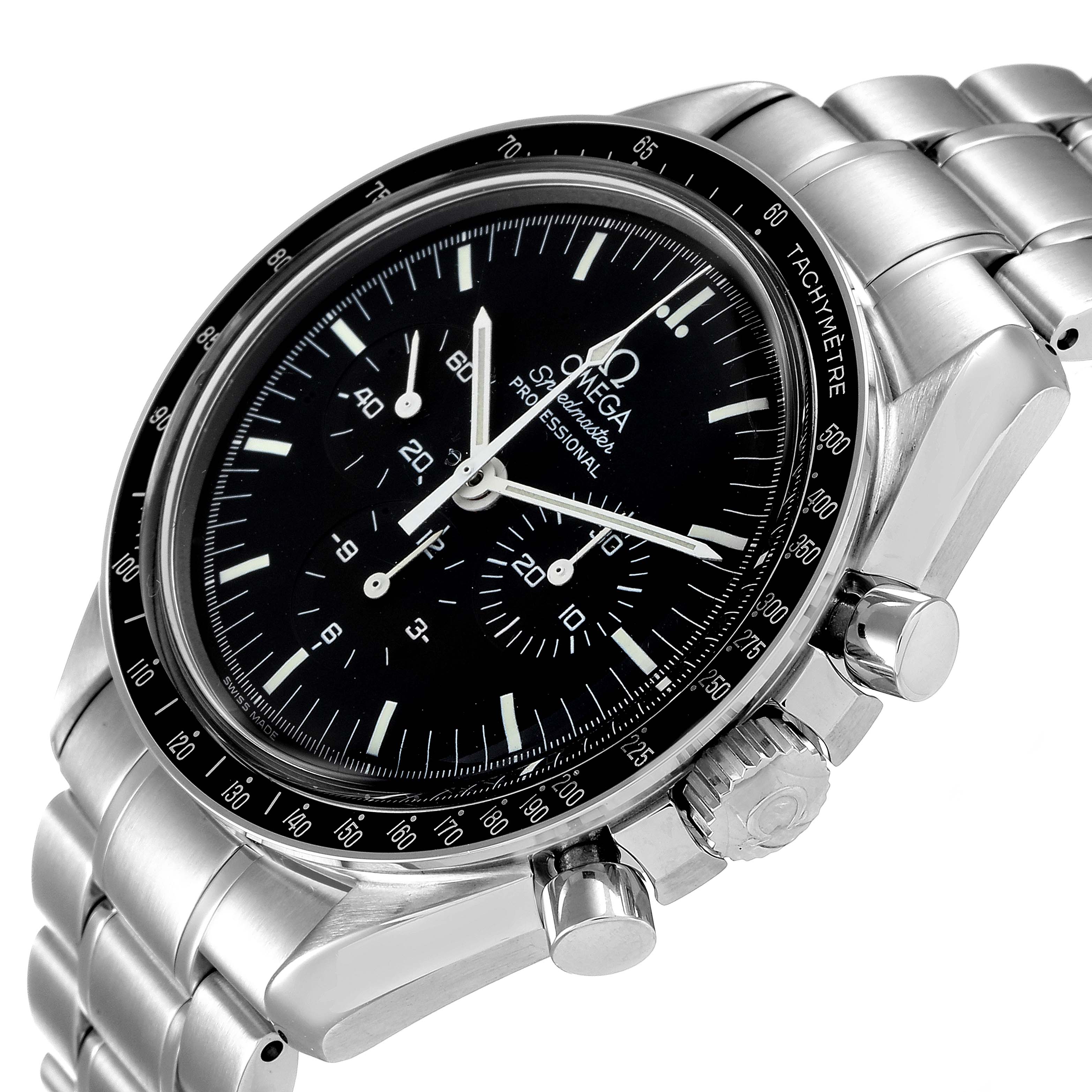 The Omega Speedmaster 3572.50.00 Men
s Stainless Steel Black Dial 3572.50.00 Men
s Stainless Steel Black Dial watch is shown from a slight side angle, highlighting its black dial, stainless steel case, pushers, and bracelet.