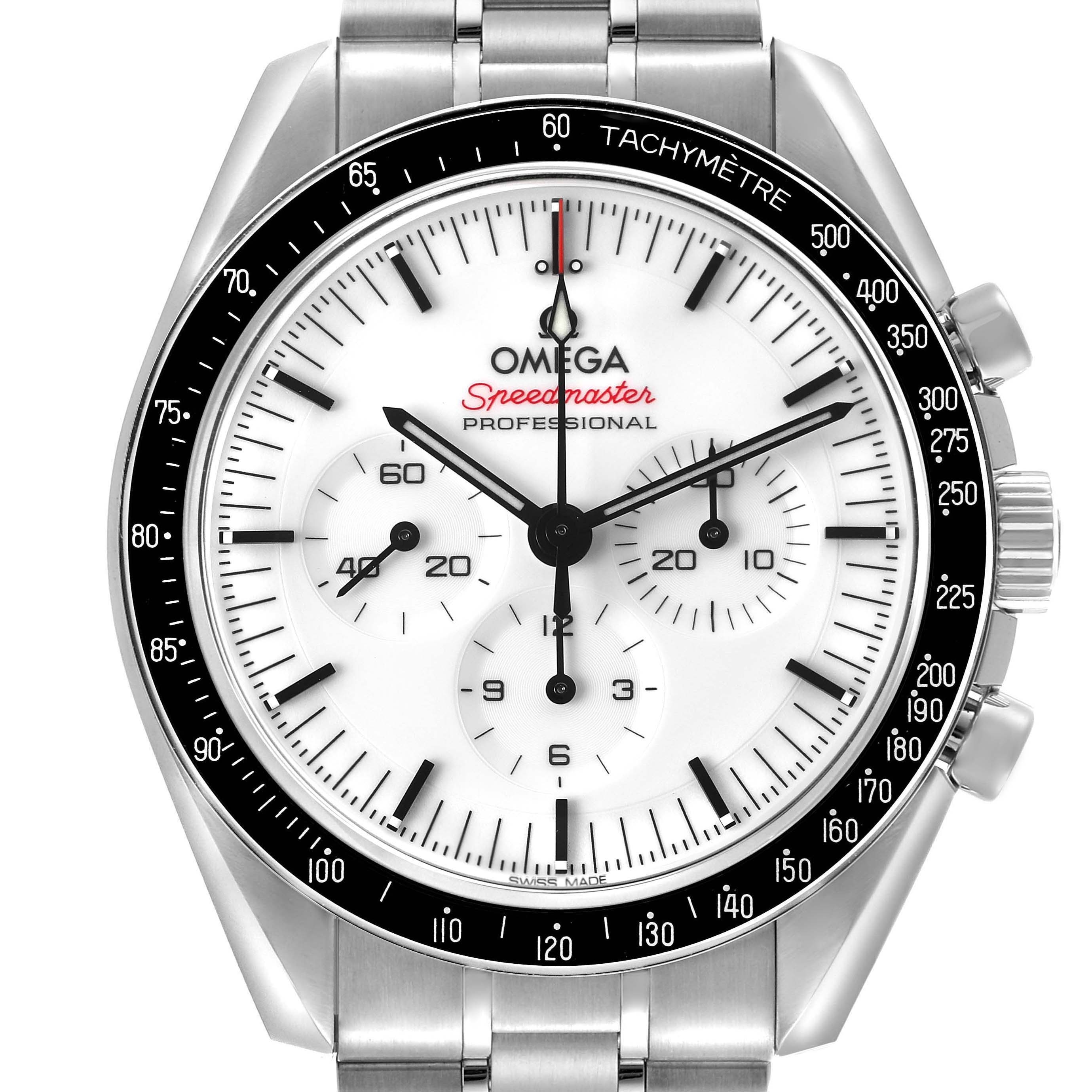 The Omega Speedmaster 310.30.42.50.04.001 Men's Stainless Steel White Dial watch is shown from the front, highlighting its face, bezel, sub-dials, and bracelet.