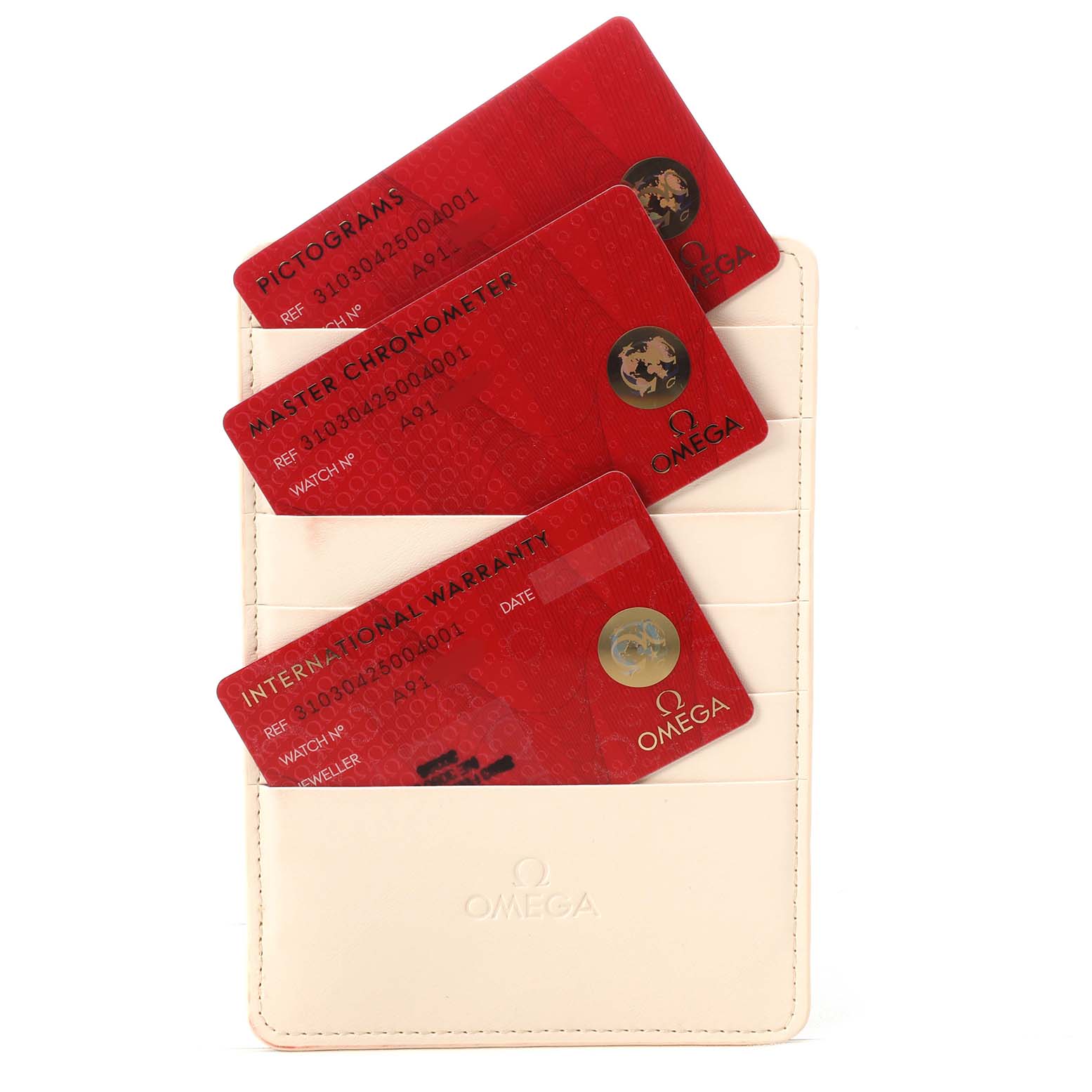 The image shows Omega Speedmaster 310.30.42.50.04.001 Men's Stainless Steel White Dial model warranty cards in a cream cardholder.