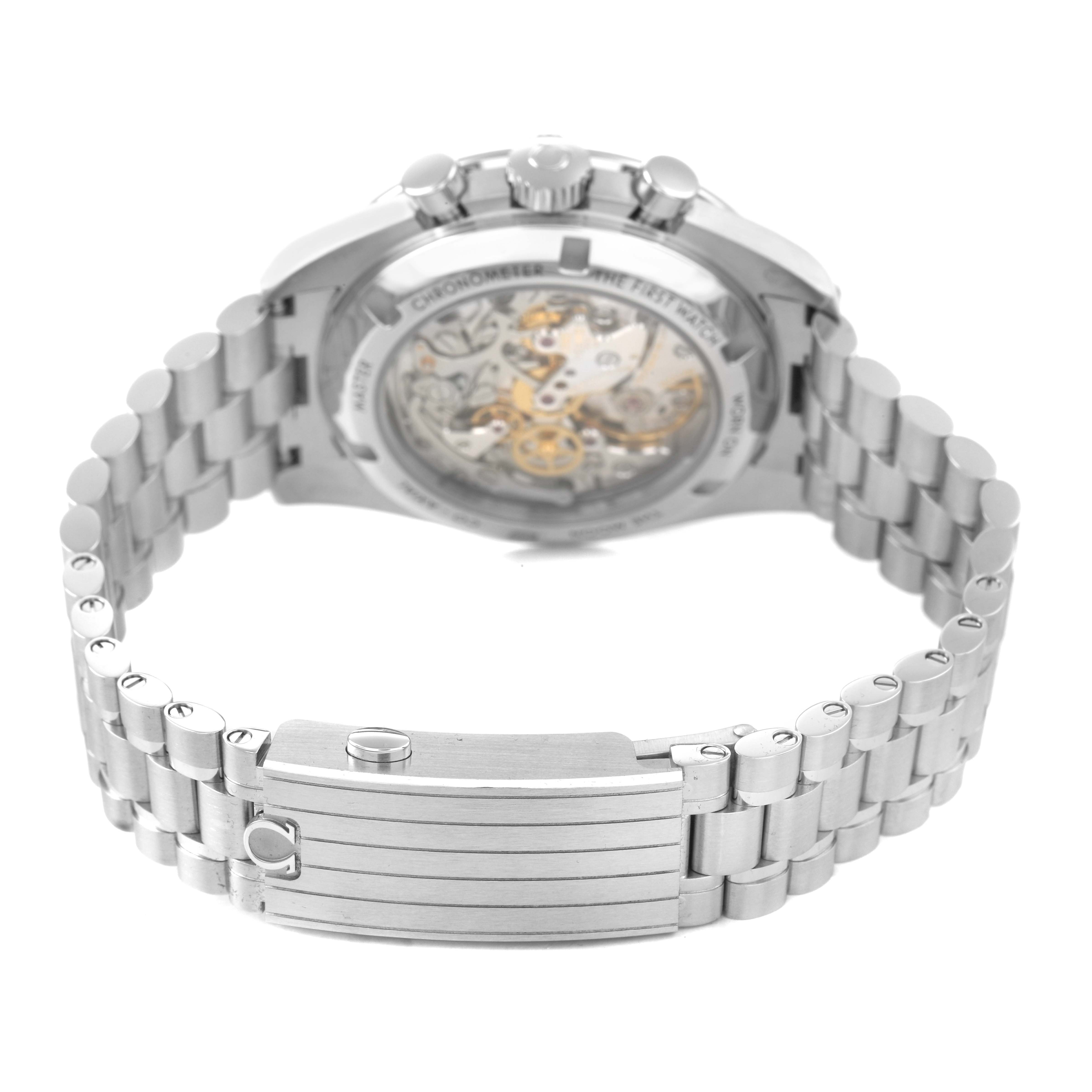 The image shows the back and bracelet of the Omega Speedmaster 310.30.42.50.04.001 Men's Stainless Steel White Dial, highlighting the clasp and exhibition case back.