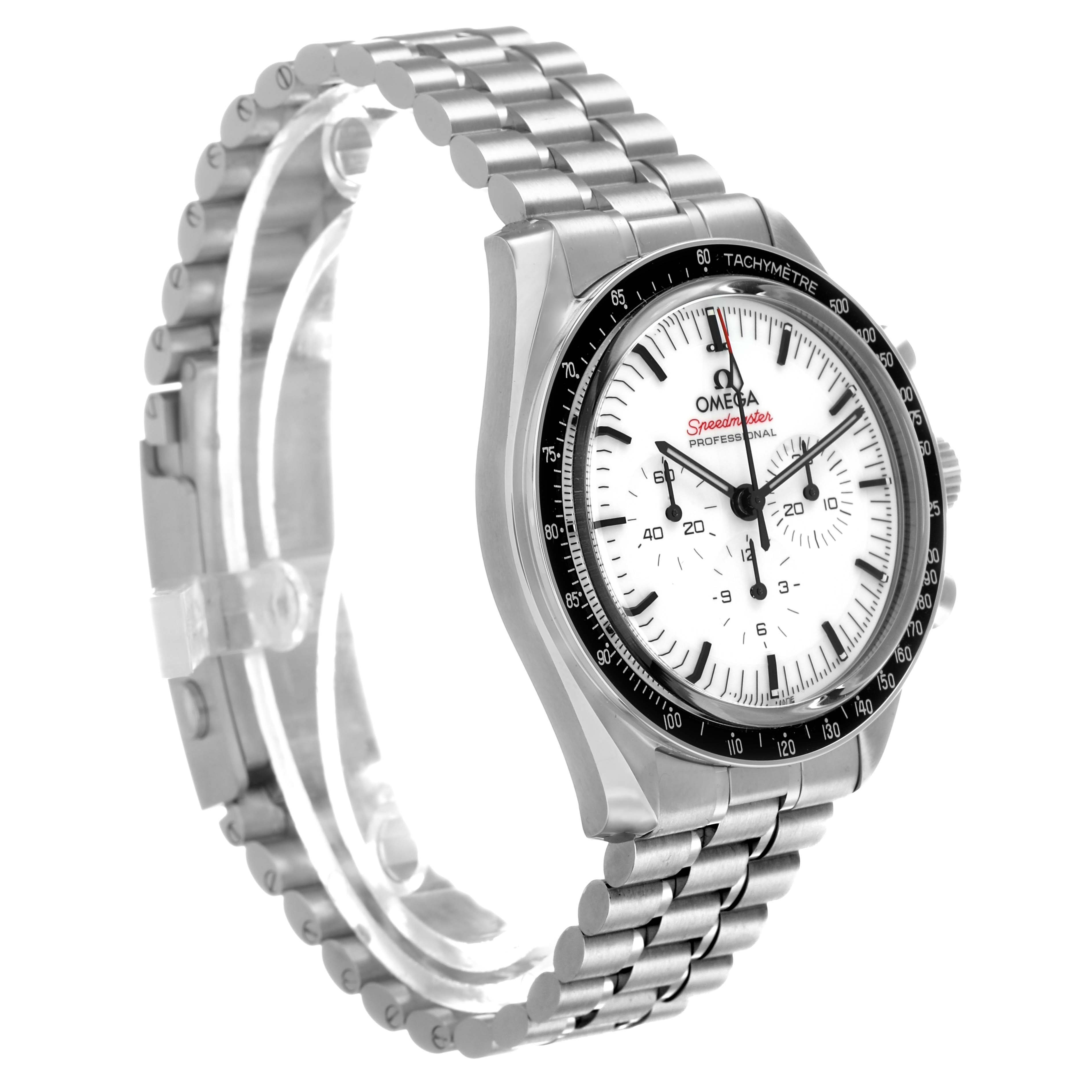 The Omega Speedmaster 310.30.42.50.04.001 Men's Stainless Steel White Dial watch is shown at a slight angle, highlighting the face, bezel, pushers, and metal bracelet.