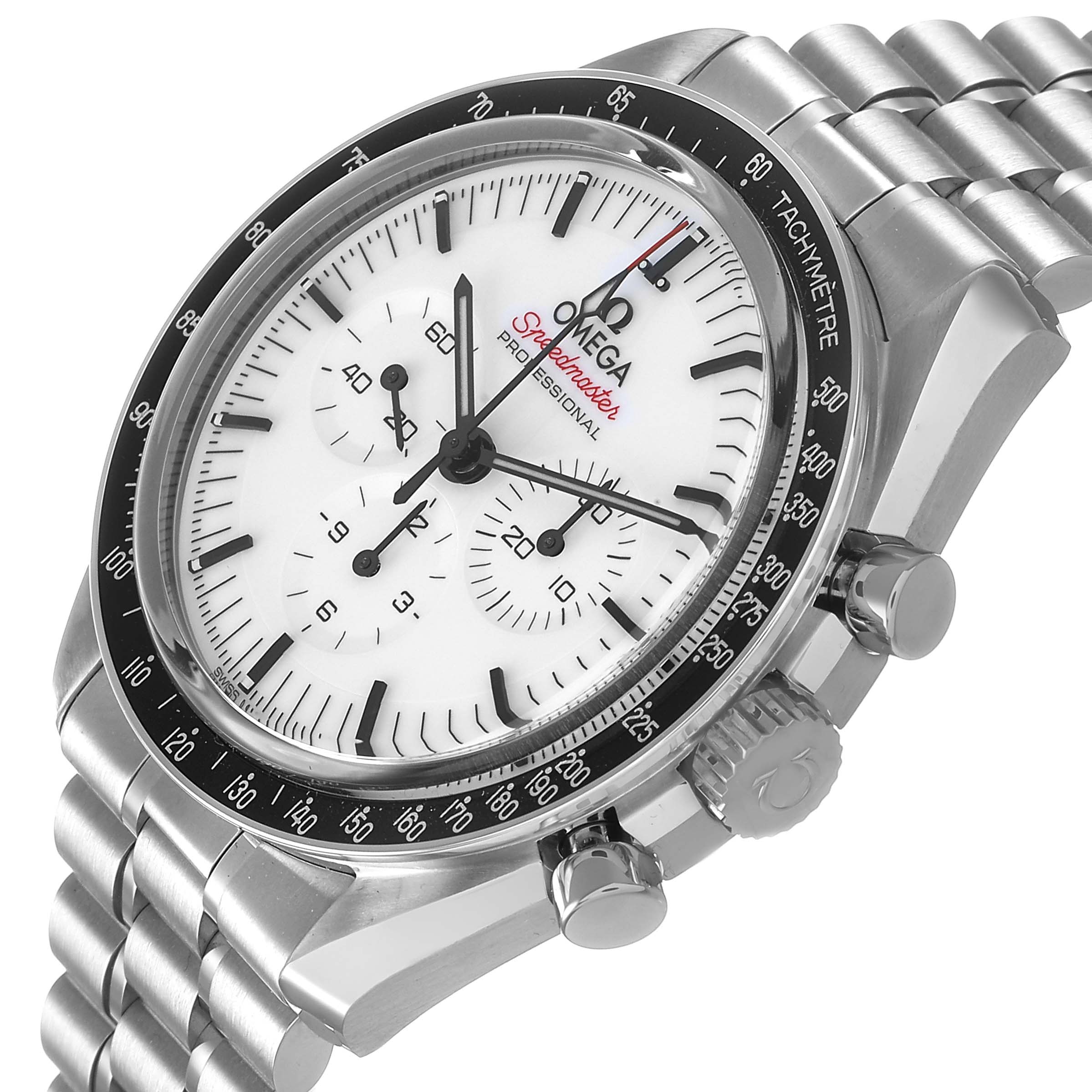 The Omega Speedmaster 310.30.42.50.04.001 Men's Stainless Steel White Dial watch is shown at an angled side view, highlighting the dial, bezel, pushers, and bracelet.