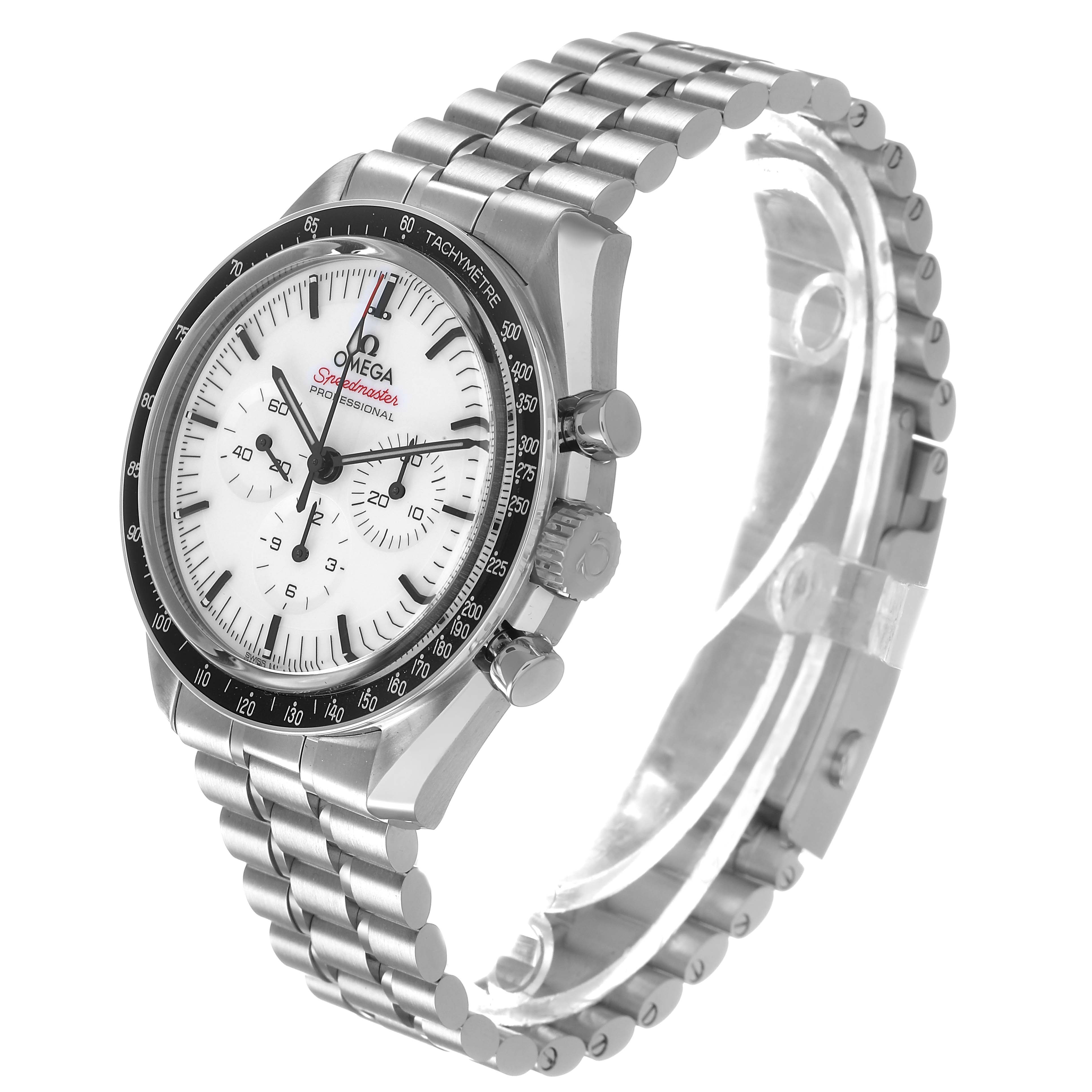 The Omega Speedmaster 310.30.42.50.04.001 Men's Stainless Steel White Dial watch is shown at an angled side view, highlighting the dial, tachymeter bezel, and metal bracelet.
