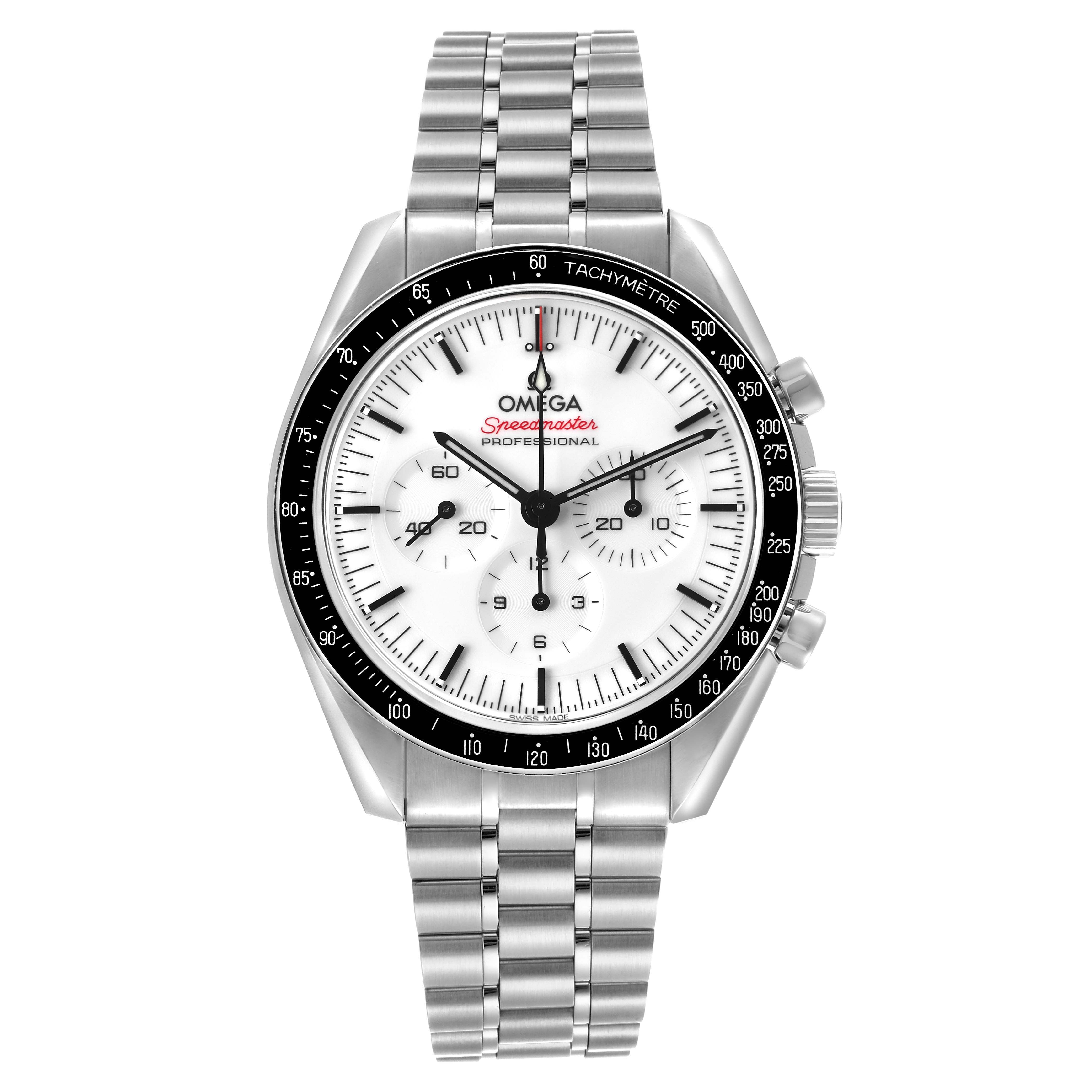 The image shows a front view of the Omega Speedmaster 310.30.42.50.04.001 Men's Stainless Steel White Dial watch, displaying the dial, bezel, and metal bracelet.