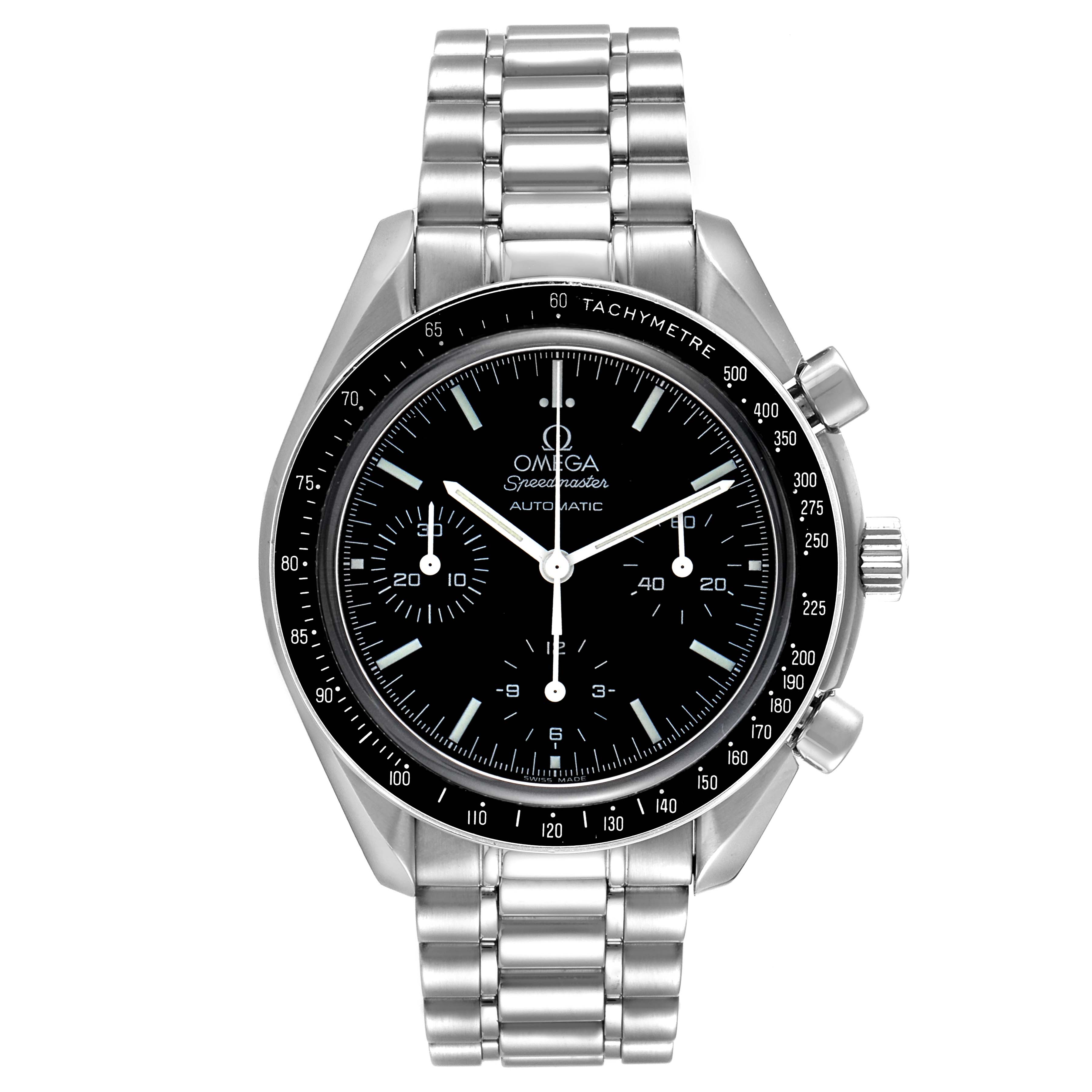 The image shows a front angle view of an Omega Speedmaster 3539.50.00 Men
s Stainless Steel Black Dial 3539.50.00 Men
s Stainless Steel Black Dial watch, highlighting its dial, bezel, pushers, and metal bracelet.