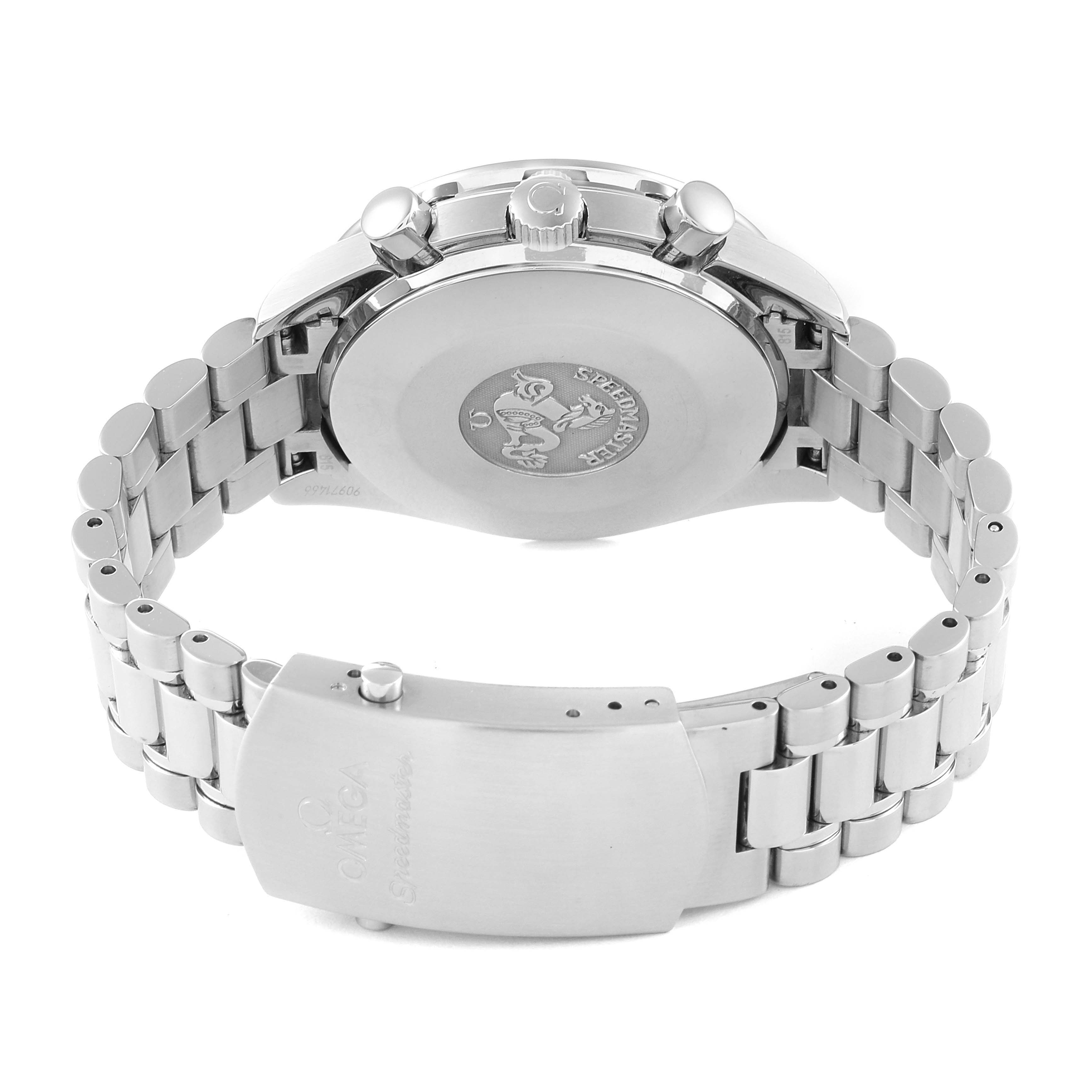 The image shows the back, clasp, and bracelet of the Omega Speedmaster 3539.50.00 Men
s Stainless Steel Black Dial 3539.50.00 Men
s Stainless Steel Black Dial watch with a focus on the case back and deployment clasp.