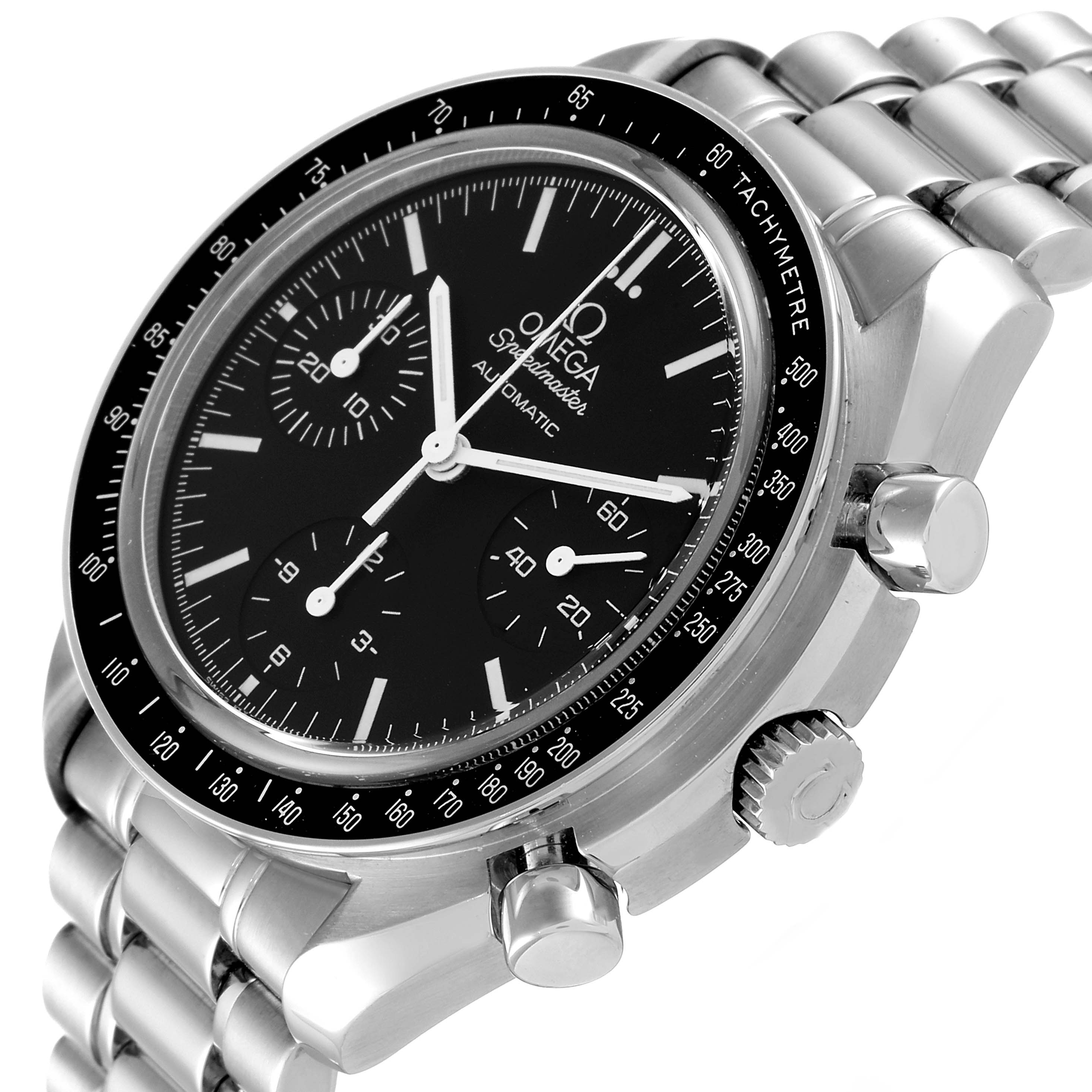 The Omega Speedmaster 3539.50.00 Men
s Stainless Steel Black Dial 3539.50.00 Men
s Stainless Steel Black Dial watch is shown from a three-quarter angle, displaying the dial, bezel, crown, and chronograph pushers.