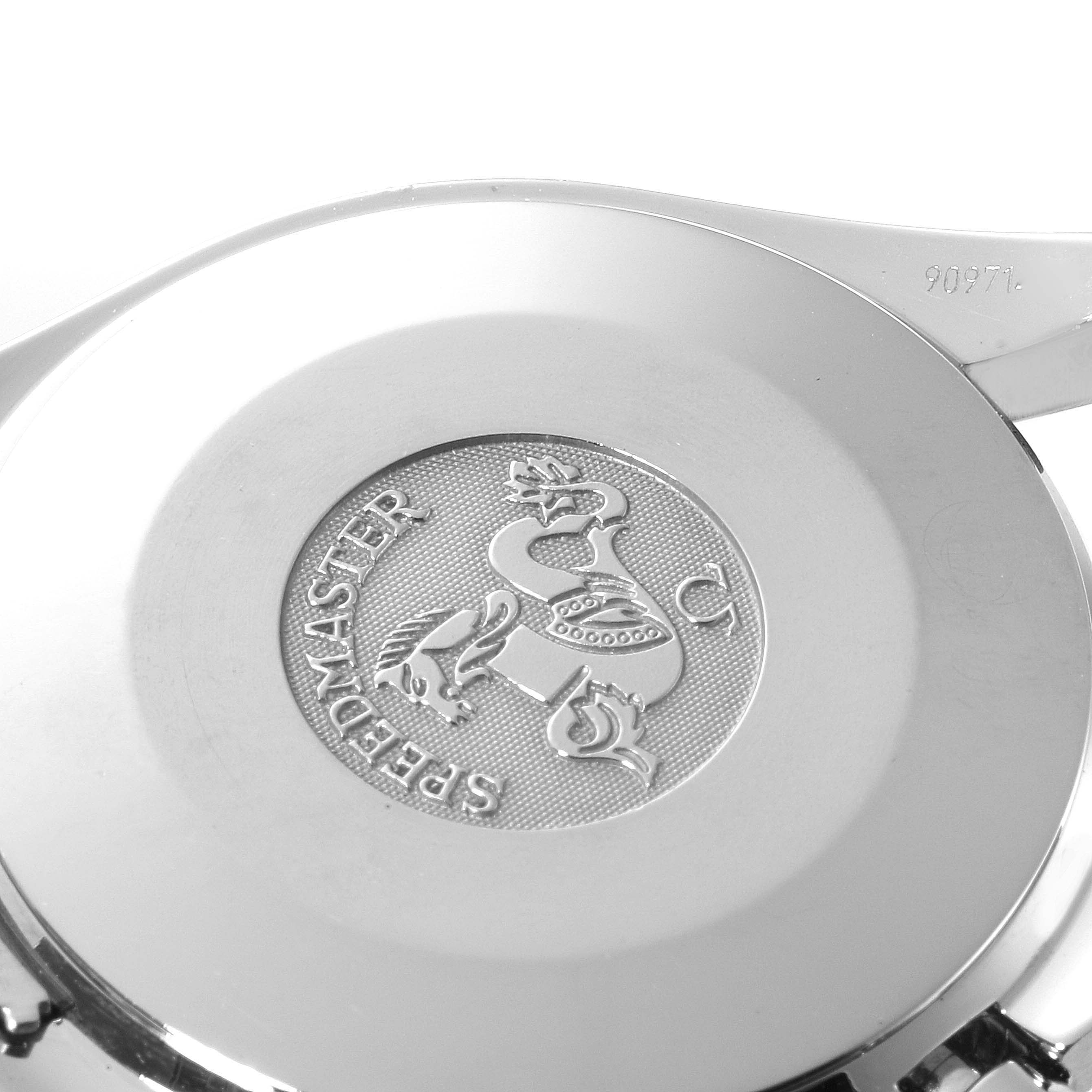 The image shows the back case of an Omega Speedmaster 3539.50.00 Men
s Stainless Steel Black Dial 3539.50.00 Men
s Stainless Steel Black Dial watch, featuring the brand
s emblem and model name.