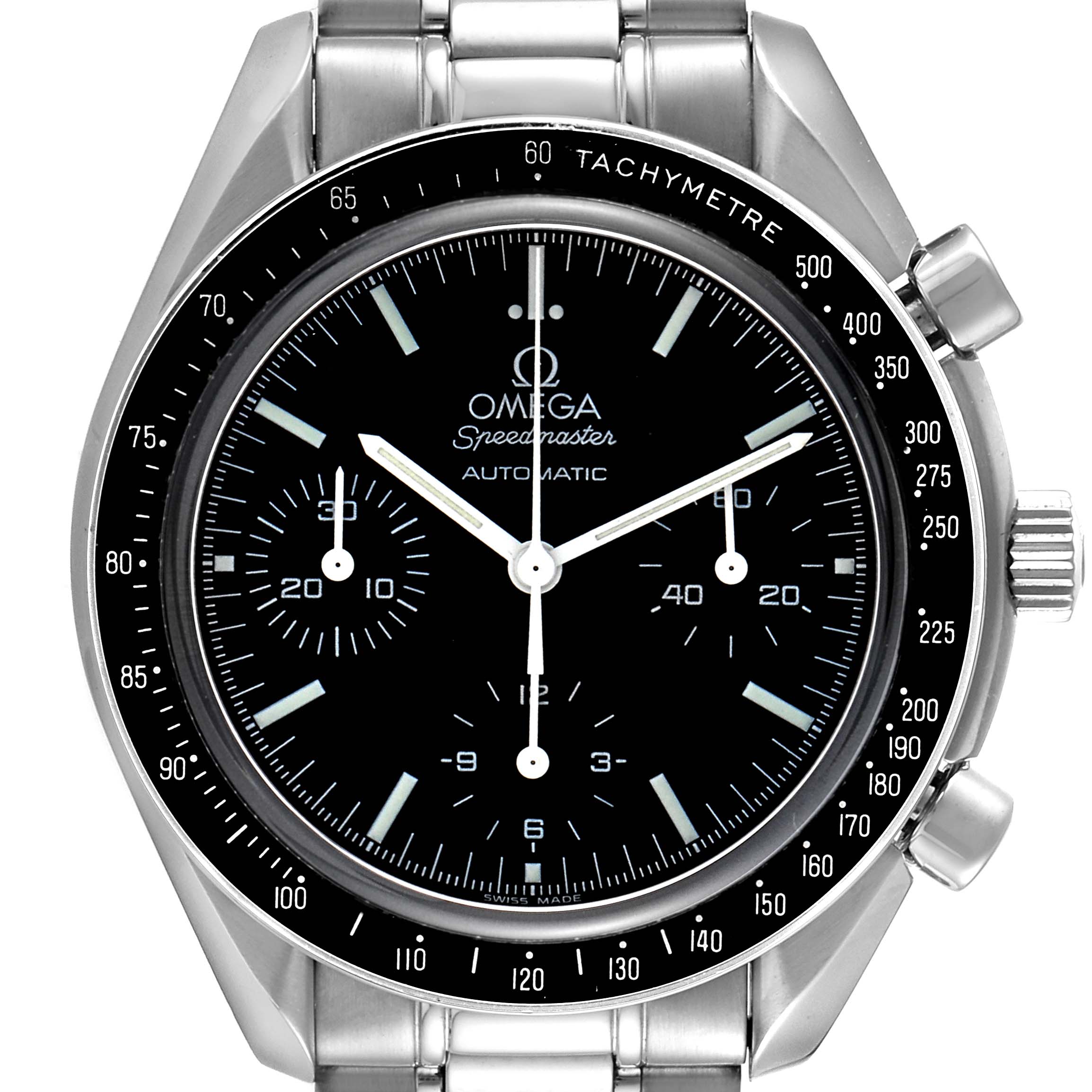 The image shows a front view of the Omega Speedmaster 3539.50.00 Men
s Stainless Steel Black Dial 3539.50.00 Men
s Stainless Steel Black Dial watch, displaying the dial, tachymeter bezel, and chronograph pushers.