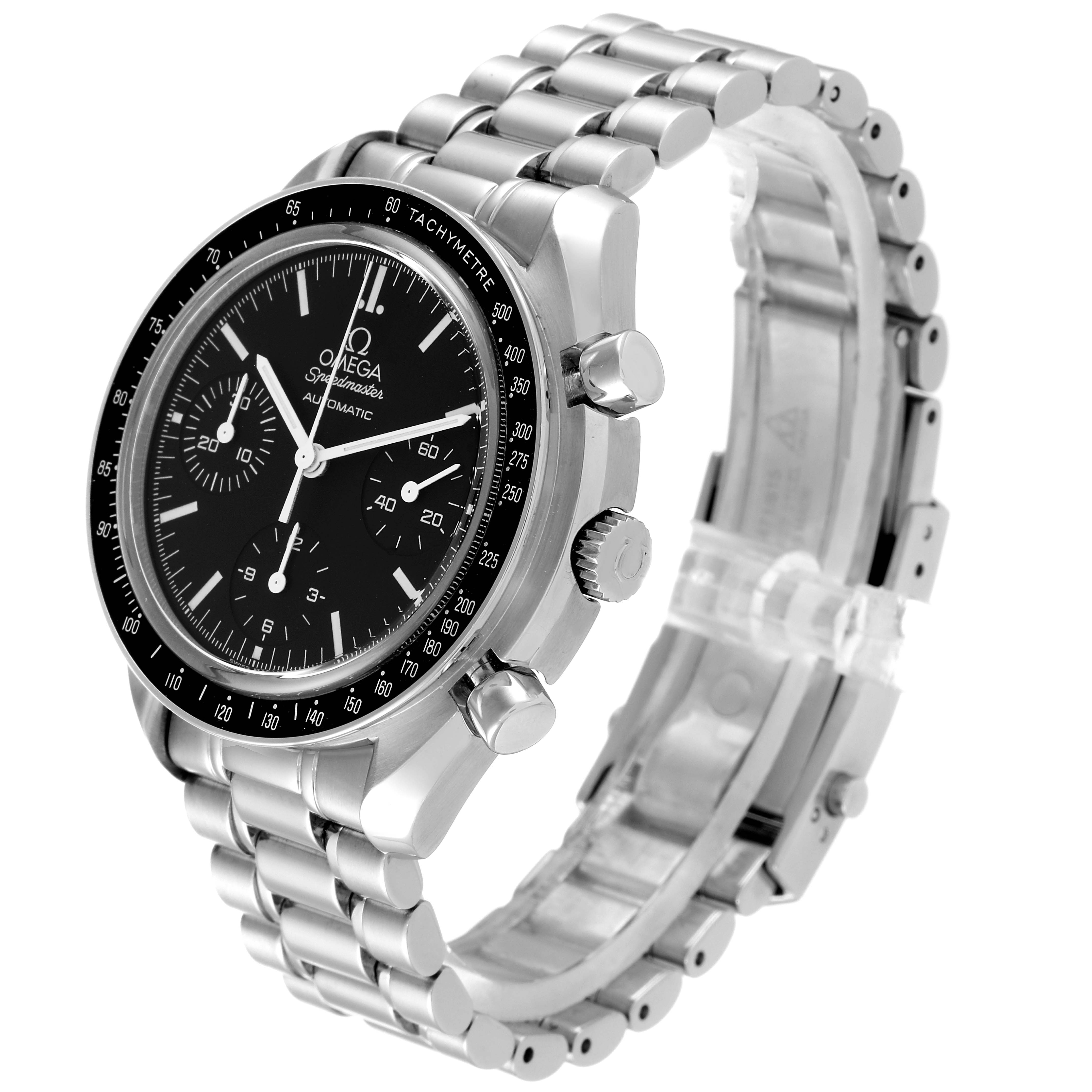 The image shows an angled side view of the Omega Speedmaster 3539.50.00 Men
s Stainless Steel Black Dial 3539.50.00 Men
s Stainless Steel Black Dial, highlighting its face, tachymeter bezel, and stainless steel bracelet.