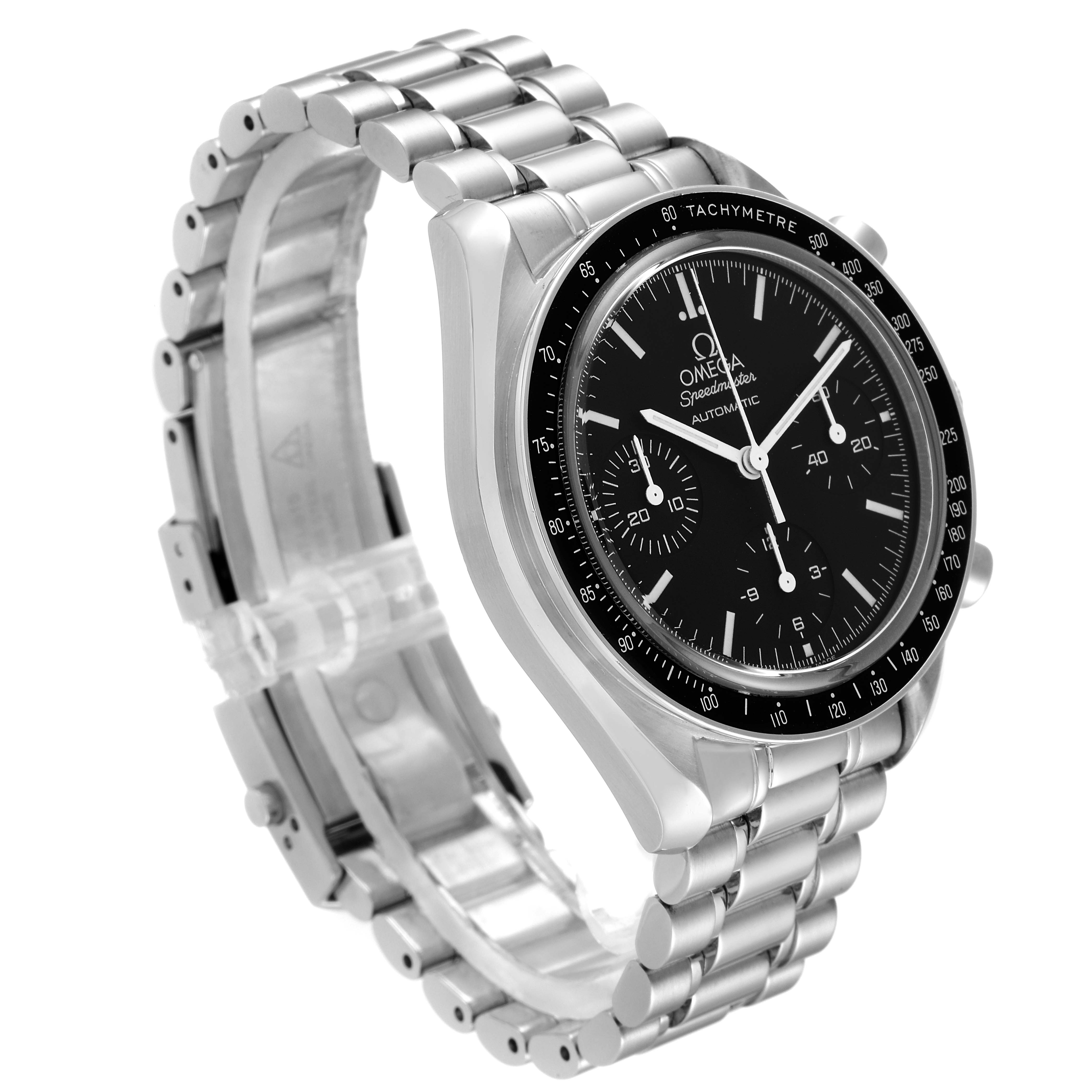The Omega Speedmaster 3539.50.00 Men
s Stainless Steel Black Dial 3539.50.00 Men
s Stainless Steel Black Dial watch is shown at an angled side view, highlighting the black dial, tachymeter bezel, and metal bracelet.