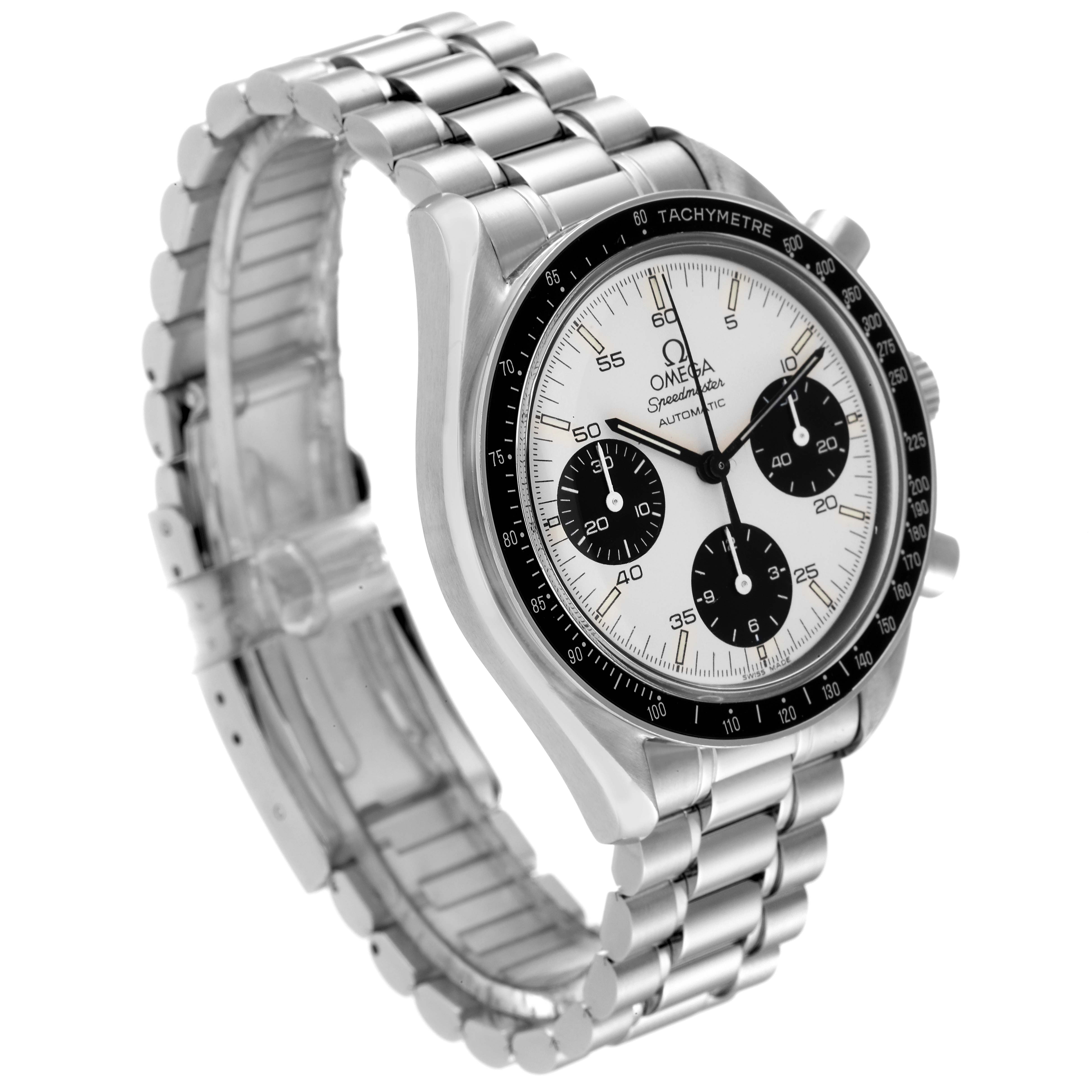 The image shows an angled view of an Omega Speedmaster 3510.21.00 Men's Stainless Steel Silver Dial 3510.21.00 Men's Stainless Steel Silver Dial watch highlighting the face, bezel, and linked bracelet.