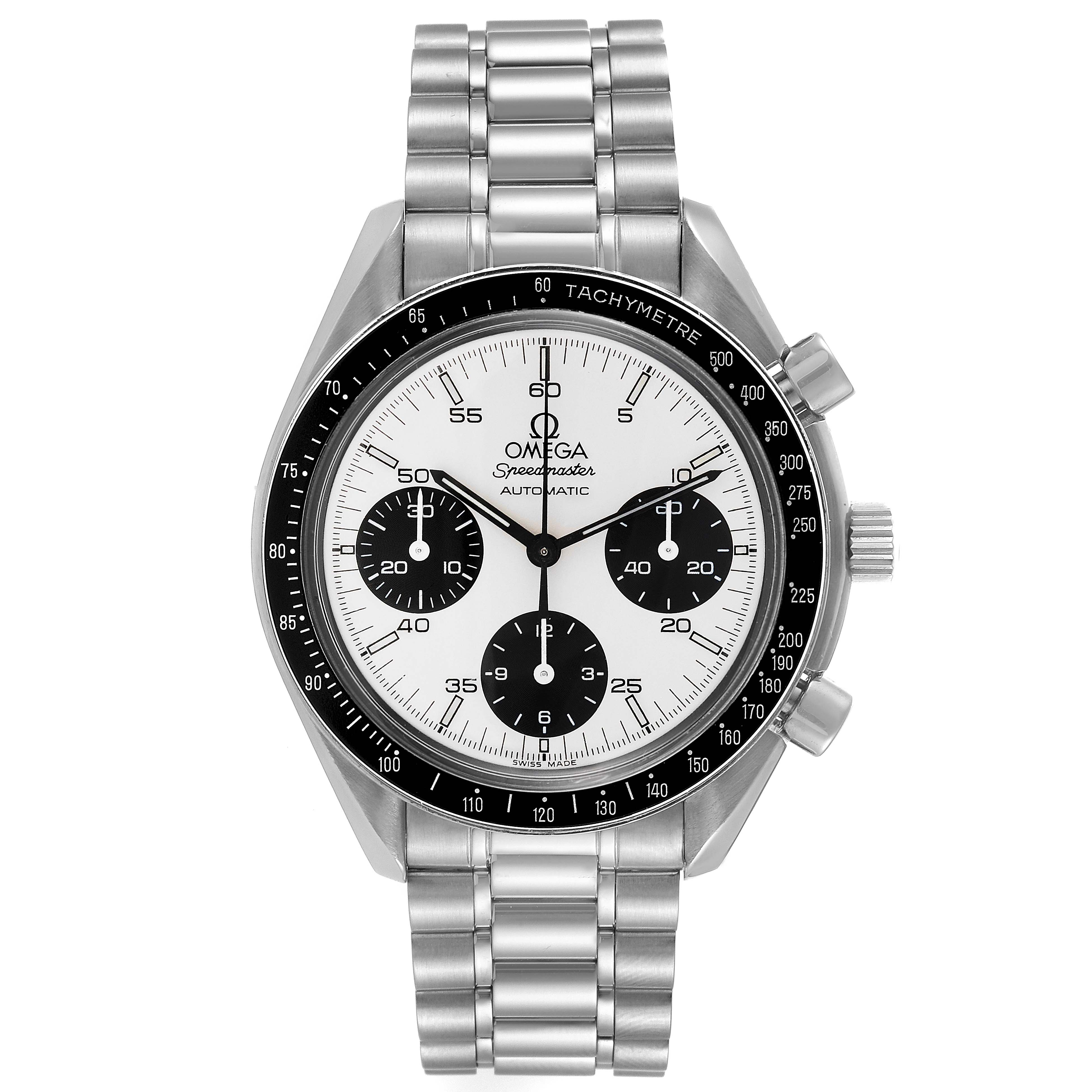 The Omega Speedmaster 3510.21.00 Men's Stainless Steel Silver Dial 3510.21.00 Men's Stainless Steel Silver Dial watch is shown from a front angle, displaying its dial, bezel, and stainless steel bracelet.