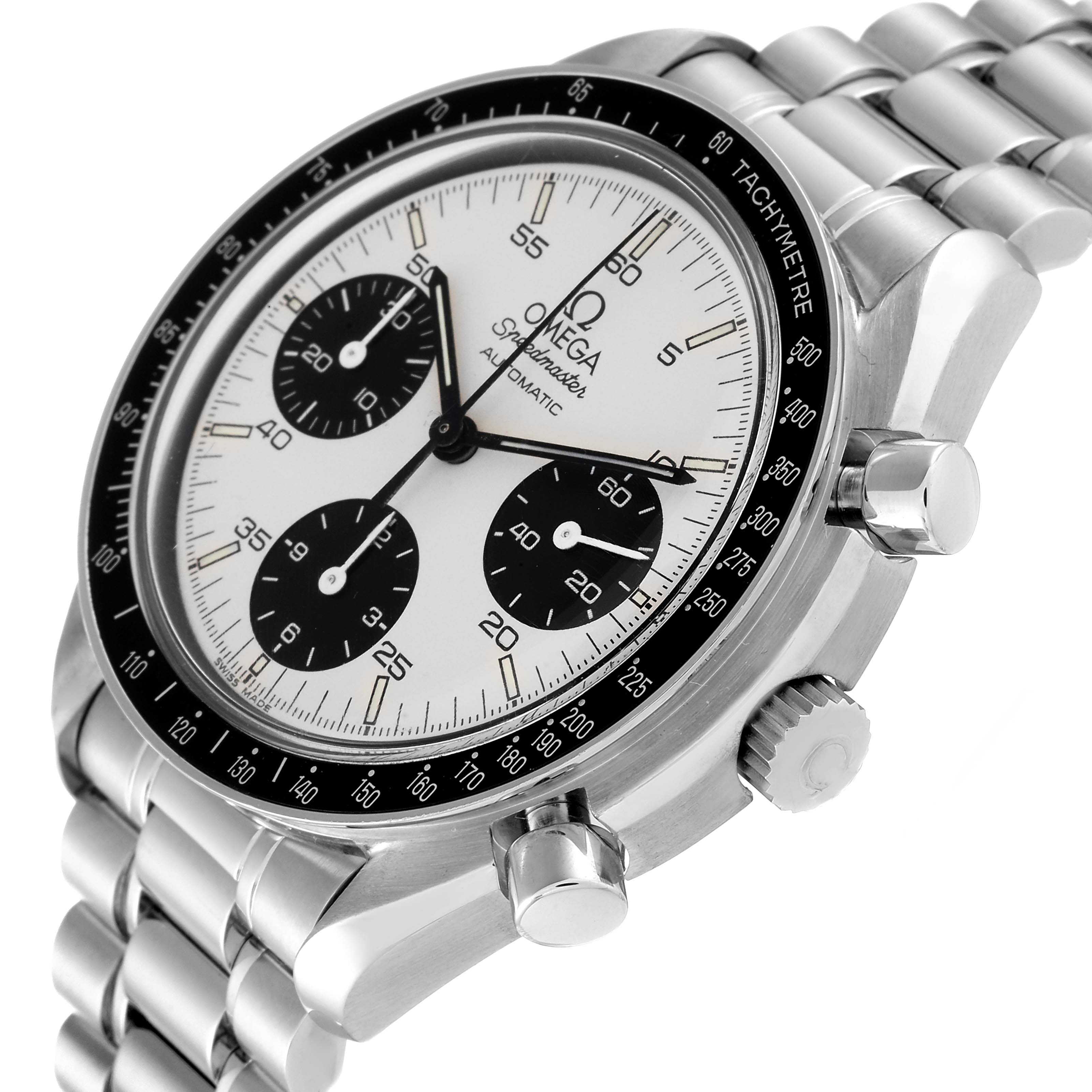 The image shows a side-angle view of an Omega Speedmaster 3510.21.00 Men's Stainless Steel Silver Dial 3510.21.00 Men's Stainless Steel Silver Dial watch, highlighting its dial, tachymeter, and stainless steel bracelet.