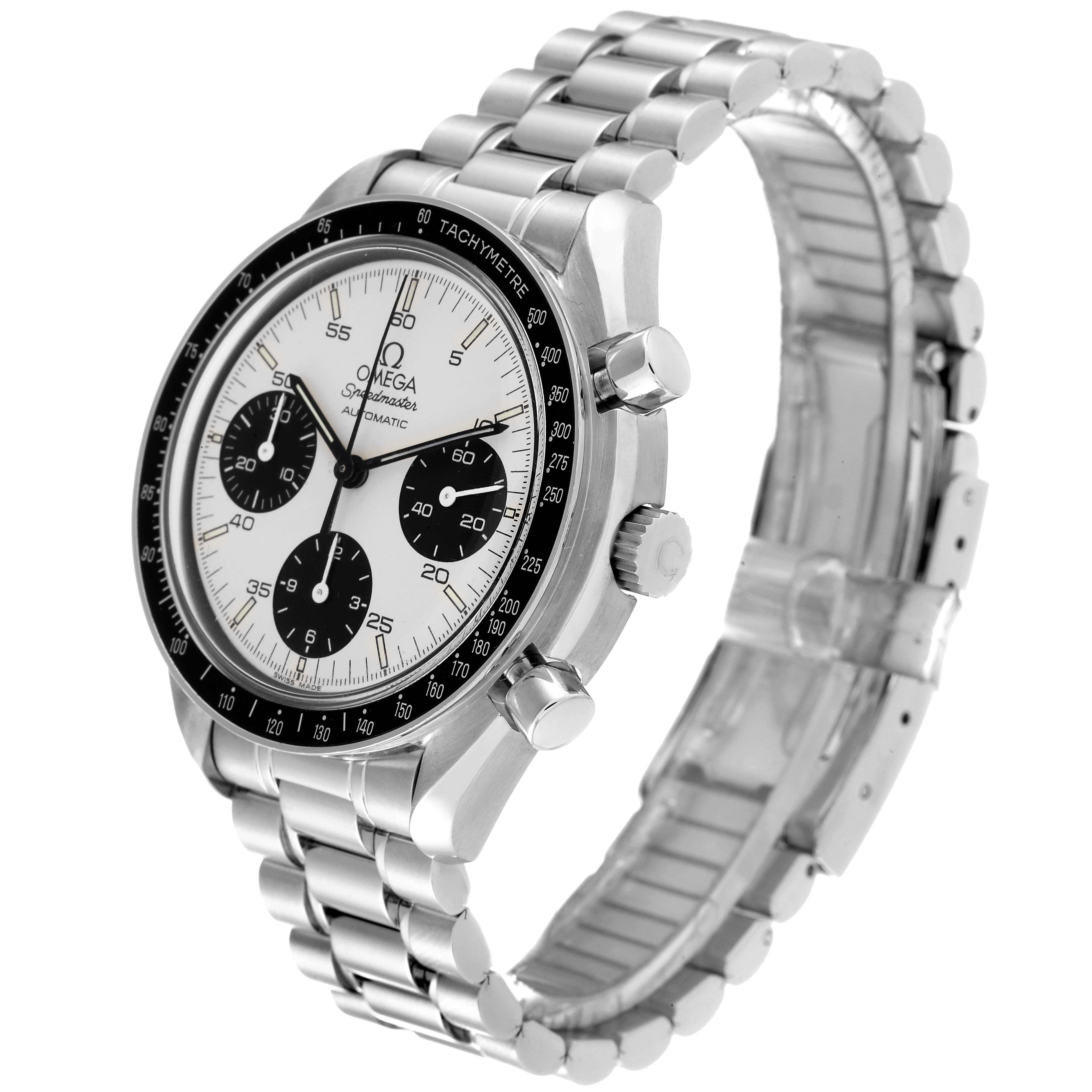 The Omega Speedmaster 3510.21.00 Men's Stainless Steel Silver Dial 3510.21.00 Men's Stainless Steel Silver Dial watch is shown at an angled side view, highlighting the dial, bezel, crown, pushers, and bracelet.