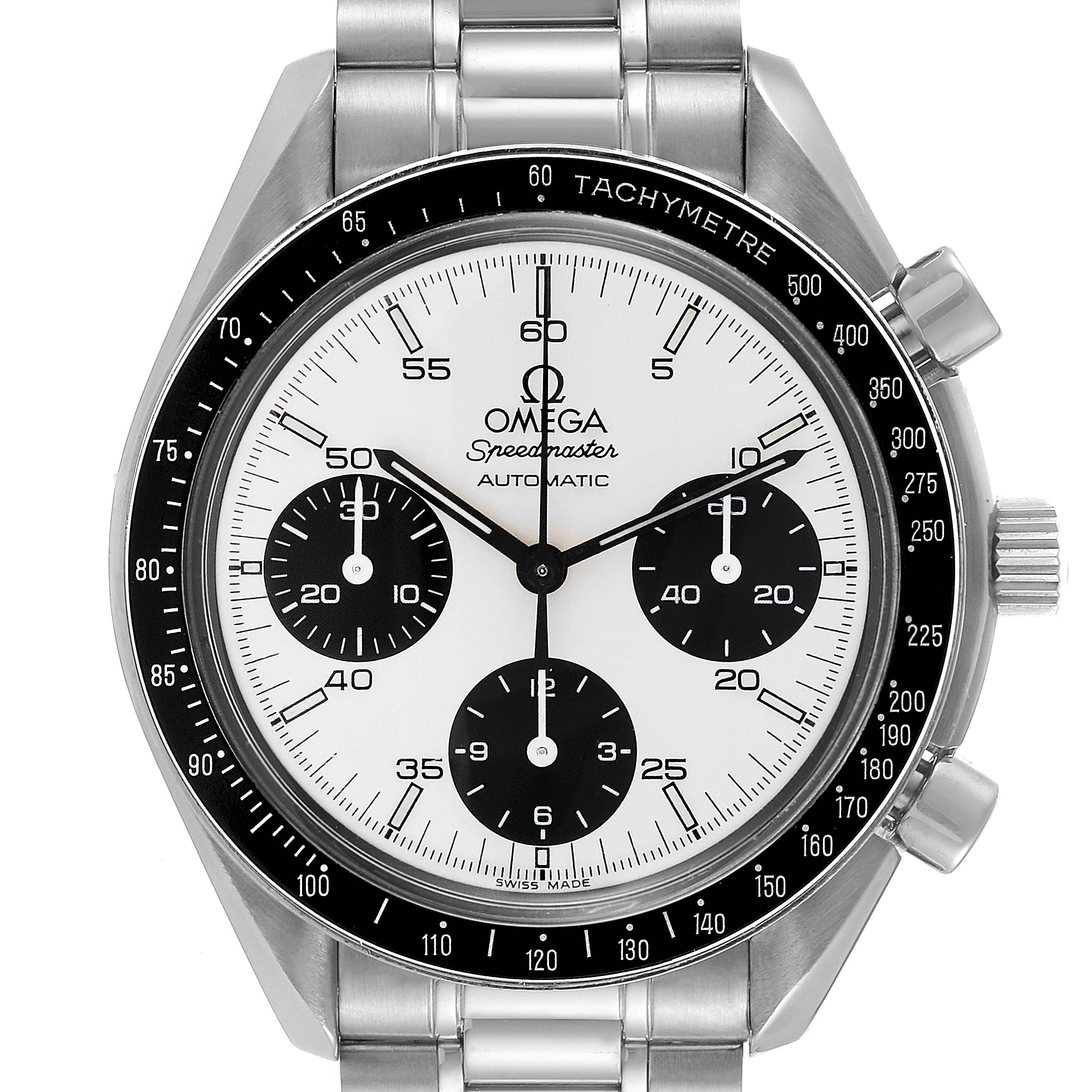 The image shows a front view of an Omega Speedmaster 3510.21.00 Men's Stainless Steel Silver Dial 3510.21.00 Men's Stainless Steel Silver Dial watch, highlighting its face, bezel, and part of the stainless steel bracelet.