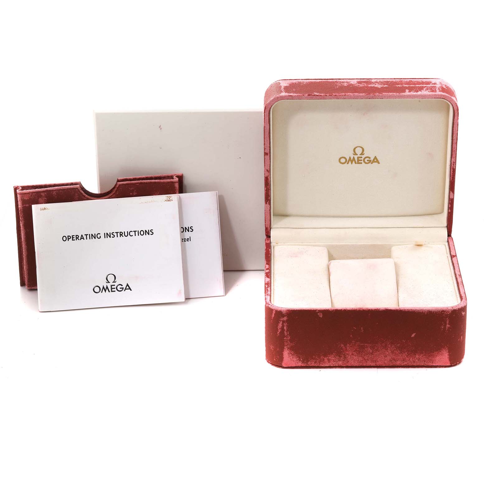 The image shows the Omega Speedmaster 3510.21.00 Men's Stainless Steel Silver Dial 3510.21.00 Men's Stainless Steel Silver Dial watch box and operating instructions from a front angle.