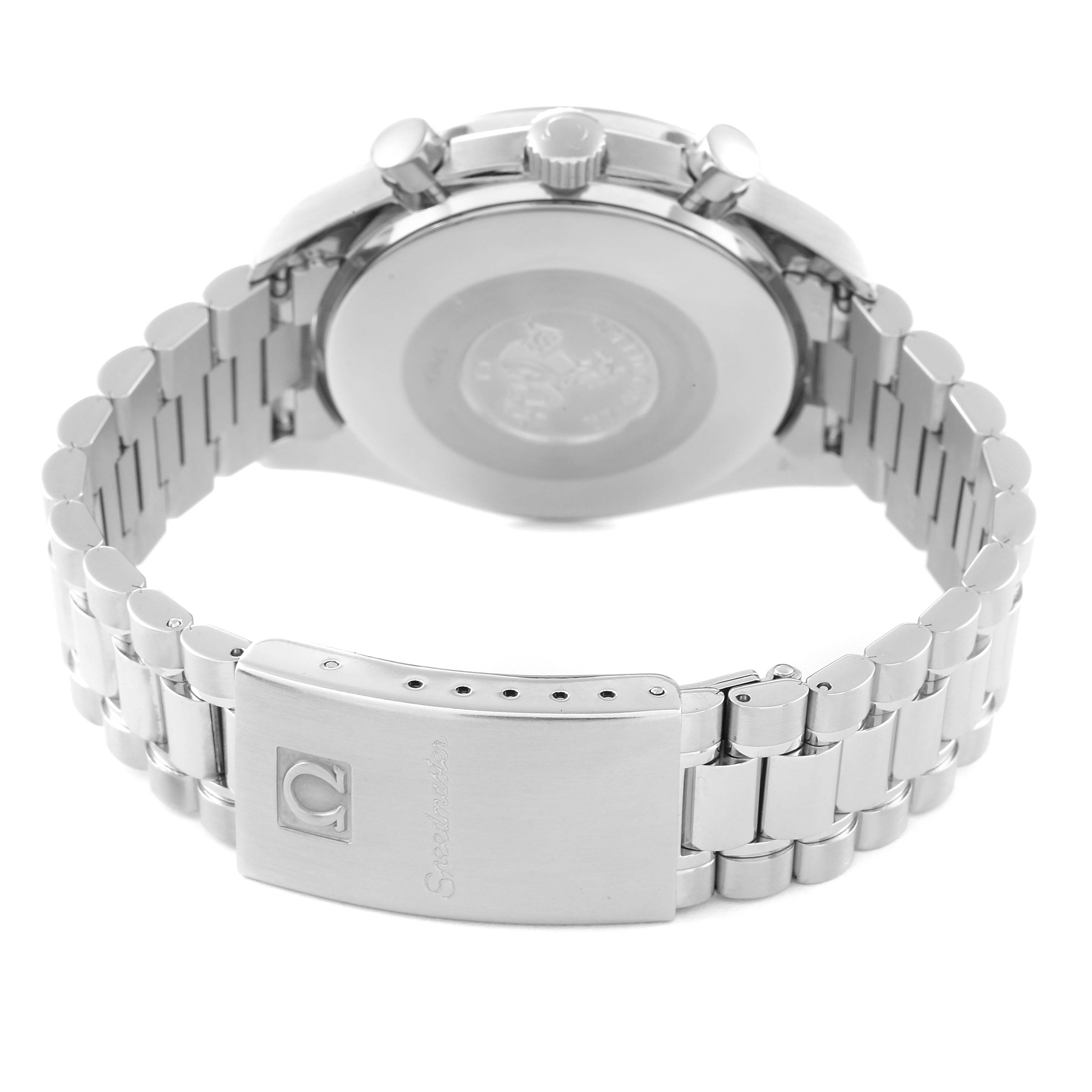 The image shows the backside and bracelet of an Omega Speedmaster 3510.21.00 Men's Stainless Steel Silver Dial 3510.21.00 Men's Stainless Steel Silver Dial watch, highlighting the clasp and case back.