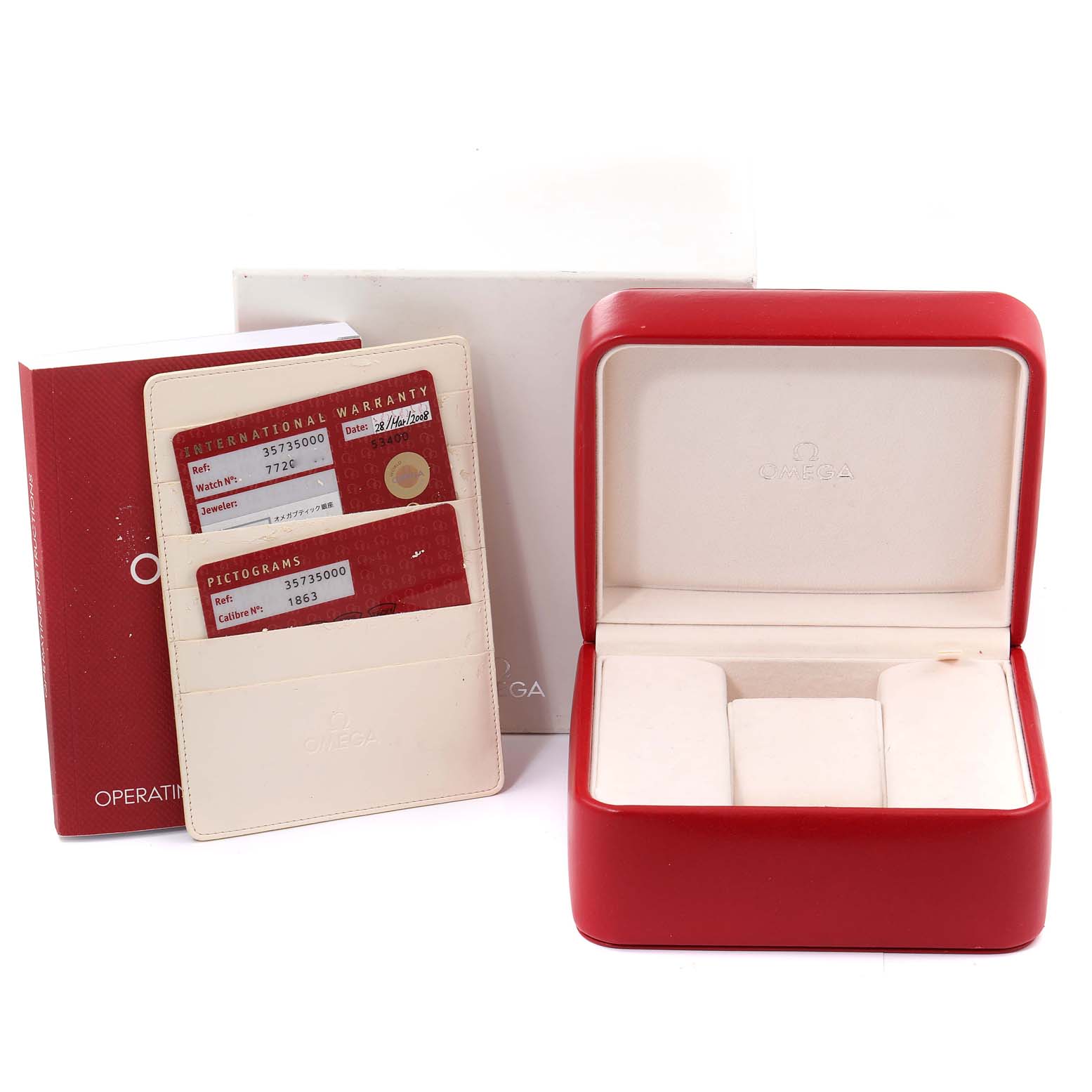 The image shows Omega Speedmaster 3573.50.00 Men
s Stainless Steel Black Dial 3573.50.00 Men
s Stainless Steel Black Dial accessories including a red watch box, warranty cards, and an operating manual.