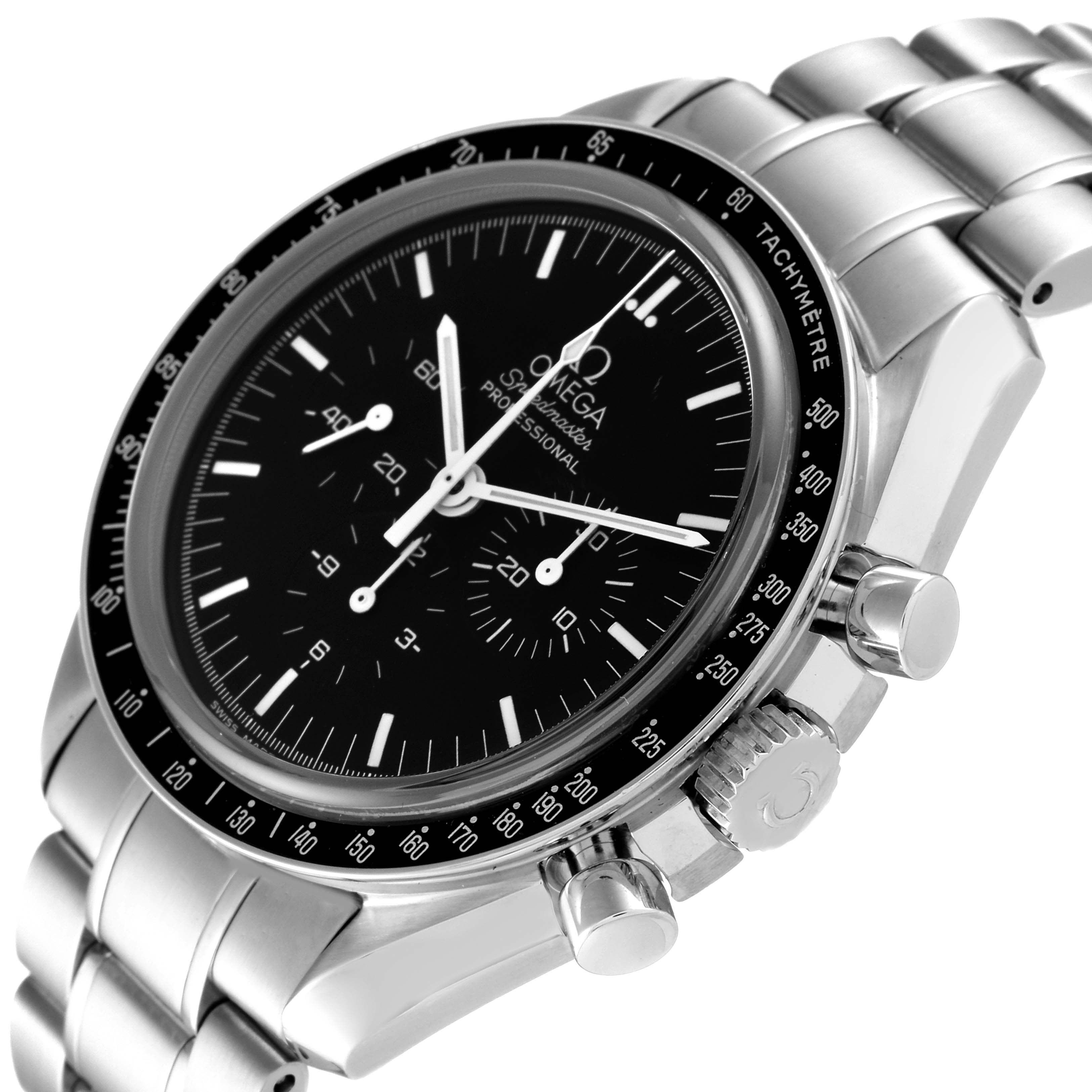 The Omega Speedmaster 3573.50.00 Men
s Stainless Steel Black Dial 3573.50.00 Men
s Stainless Steel Black Dial watch is shown at an angle displaying the face, bezel with tachymeter, crown, pushers, and a portion of the bracelet.