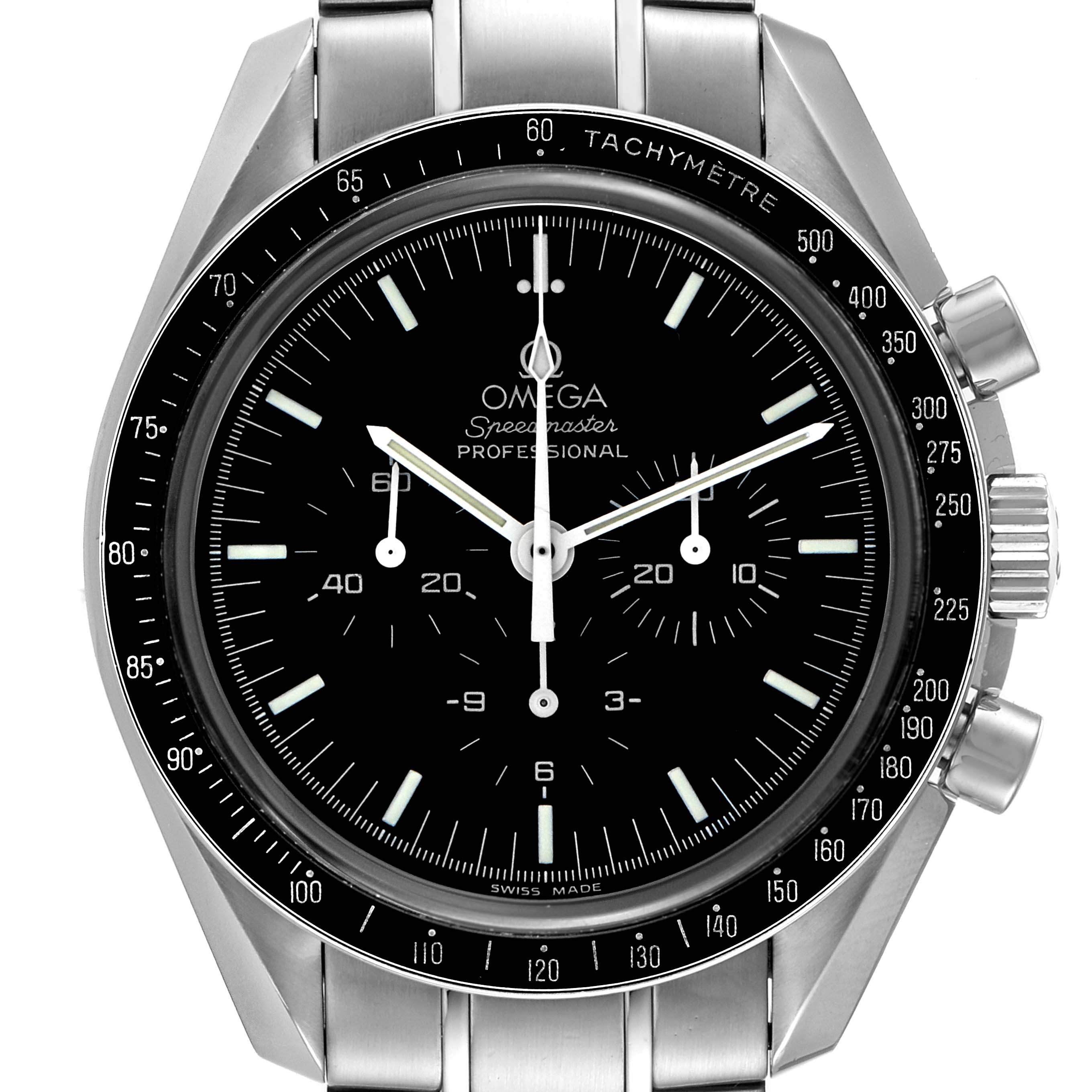 The Omega Speedmaster 3573.50.00 Men
s Stainless Steel Black Dial 3573.50.00 Men
s Stainless Steel Black Dial watch is shown from a front angle, highlighting the dial, bezel, and chronograph pushers.
