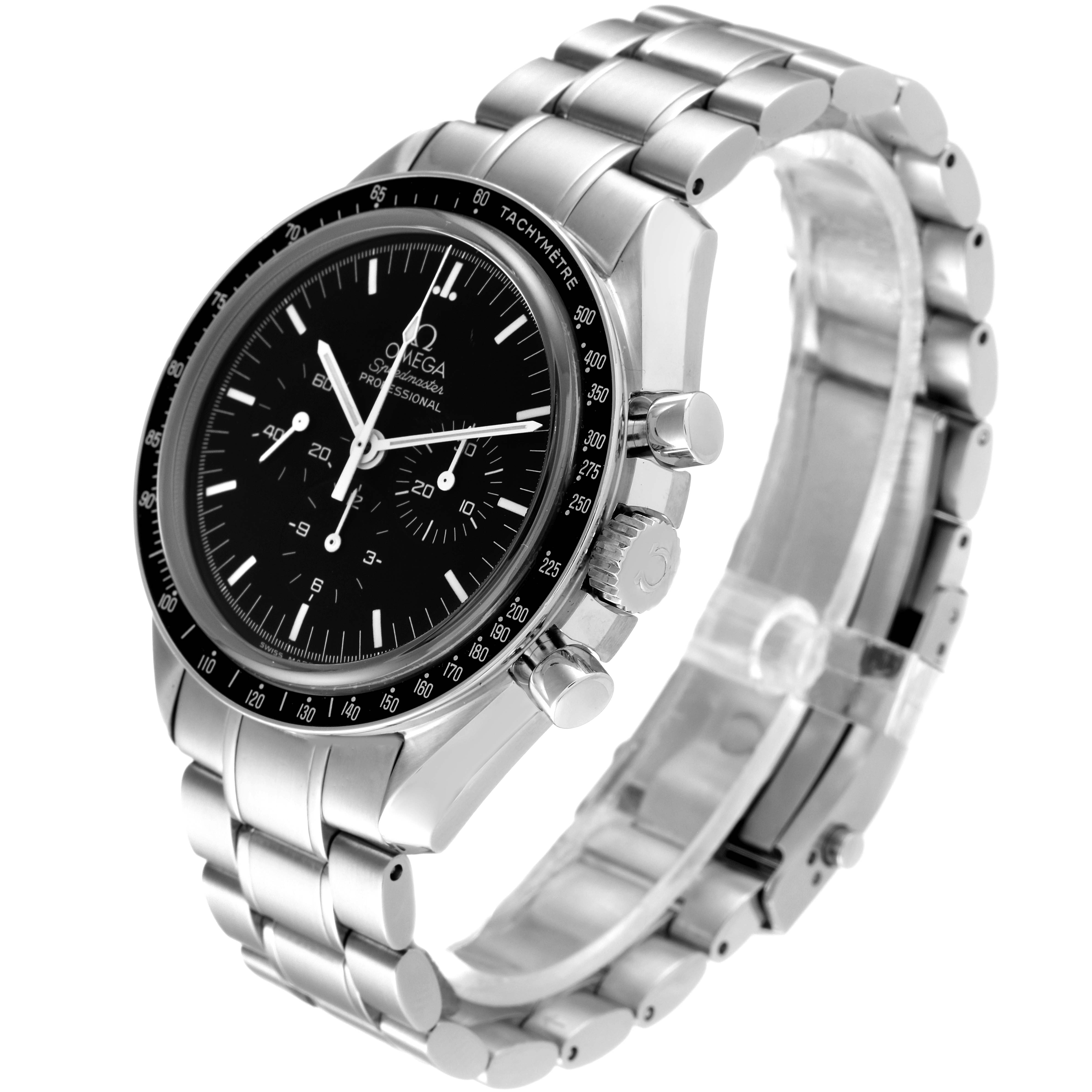 The image shows an Omega Speedmaster 3573.50.00 Men
s Stainless Steel Black Dial 3573.50.00 Men
s Stainless Steel Black Dial watch at an angled side view, highlighting its face, bezel, crown, chronograph pushers, and metal bracelet.
