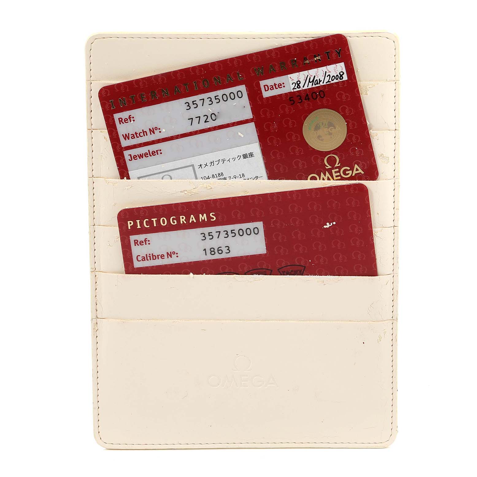 The image shows a card holder with warranty and pictogram cards for the Omega Speedmaster 3573.50.00 Men
s Stainless Steel Black Dial 3573.50.00 Men
s Stainless Steel Black Dial watch.