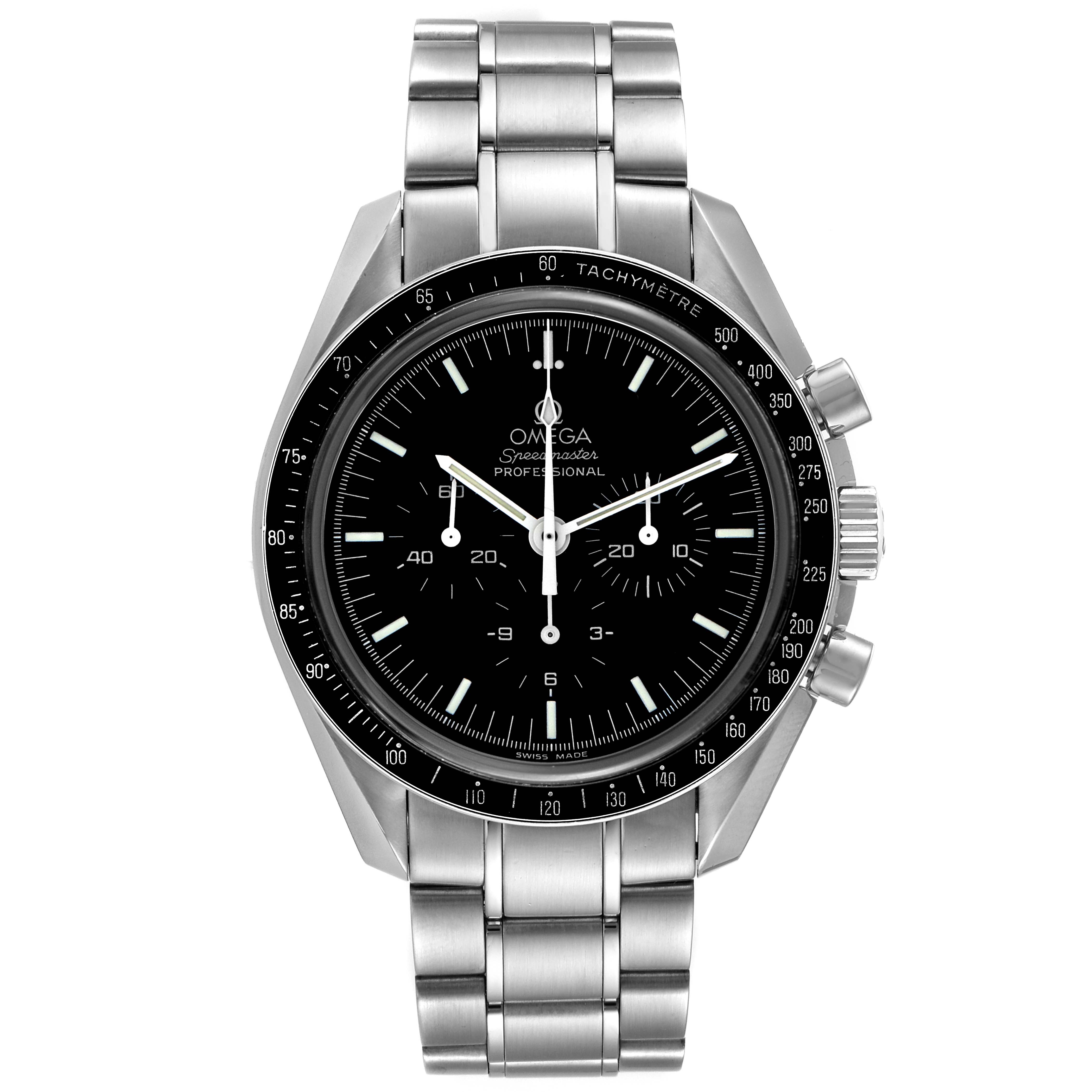 The Omega Speedmaster 3573.50.00 Men
s Stainless Steel Black Dial 3573.50.00 Men
s Stainless Steel Black Dial watch is shown from a front angle, displaying the face, bezel, and bracelet.