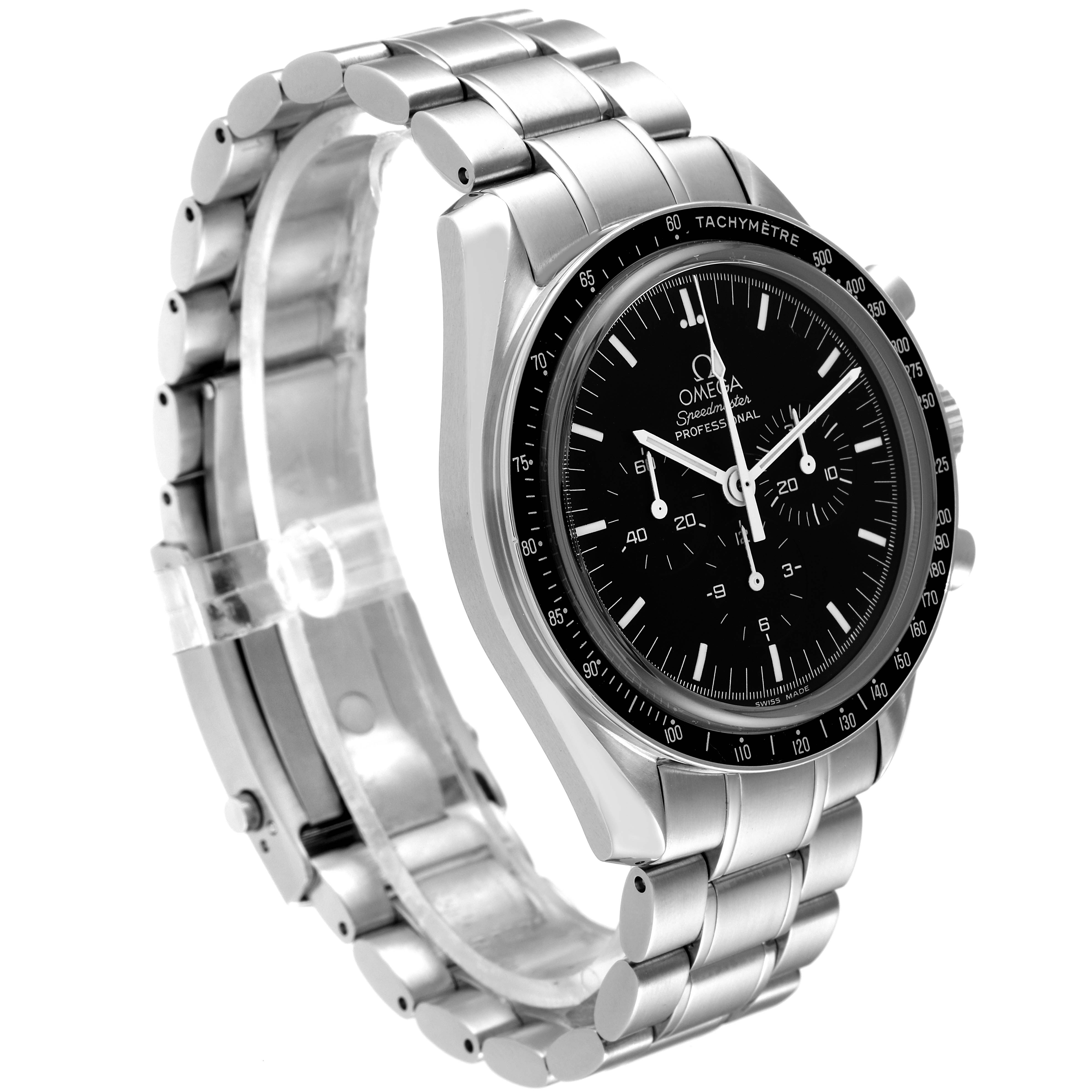 This image shows a side angle of the Omega Speedmaster 3573.50.00 Men
s Stainless Steel Black Dial 3573.50.00 Men
s Stainless Steel Black Dial watch, displaying its bracelet and tachymeter bezel.