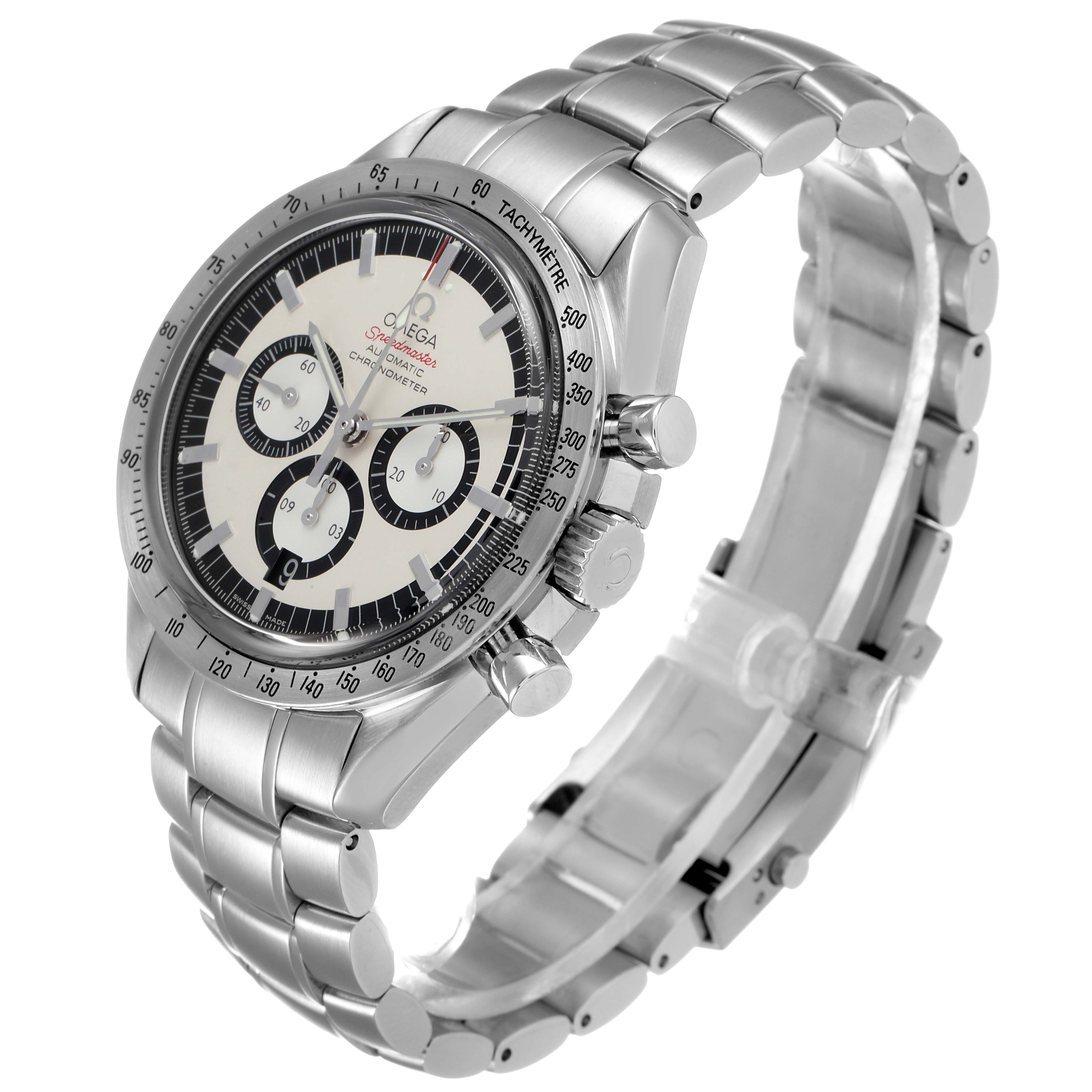 The image shows the Omega Speedmaster 3506.31.00 Men's Stainless Steel Silver Dial 3506.31.00 Men's Stainless Steel Silver Dial watch angled to display the face, bezel, crown, pushers, and metal bracelet.