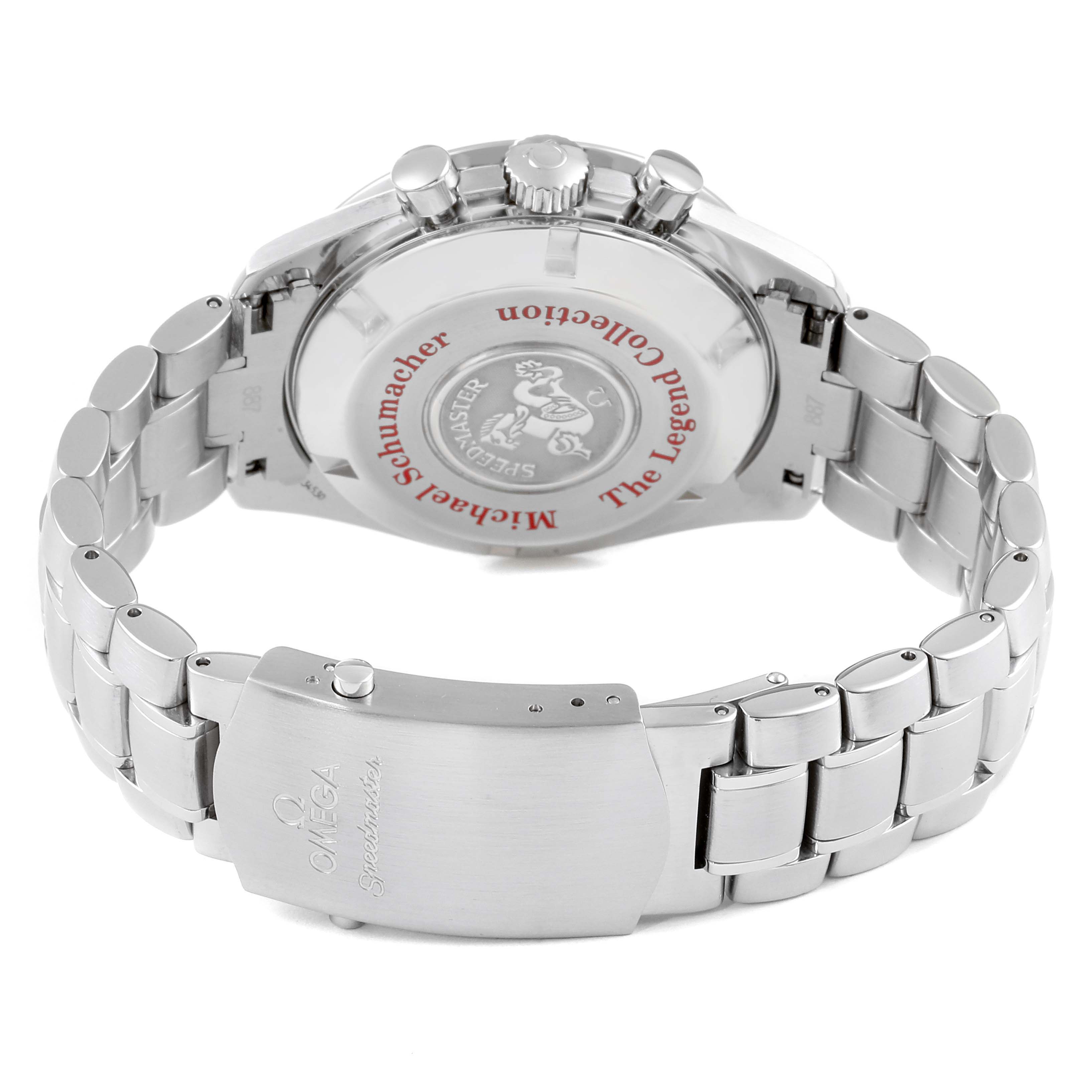 The image shows the back case and metal bracelet of an Omega Speedmaster 3506.31.00 Men's Stainless Steel Silver Dial 3506.31.00 Men's Stainless Steel Silver Dial watch, highlighting the clasp and engraved case back.