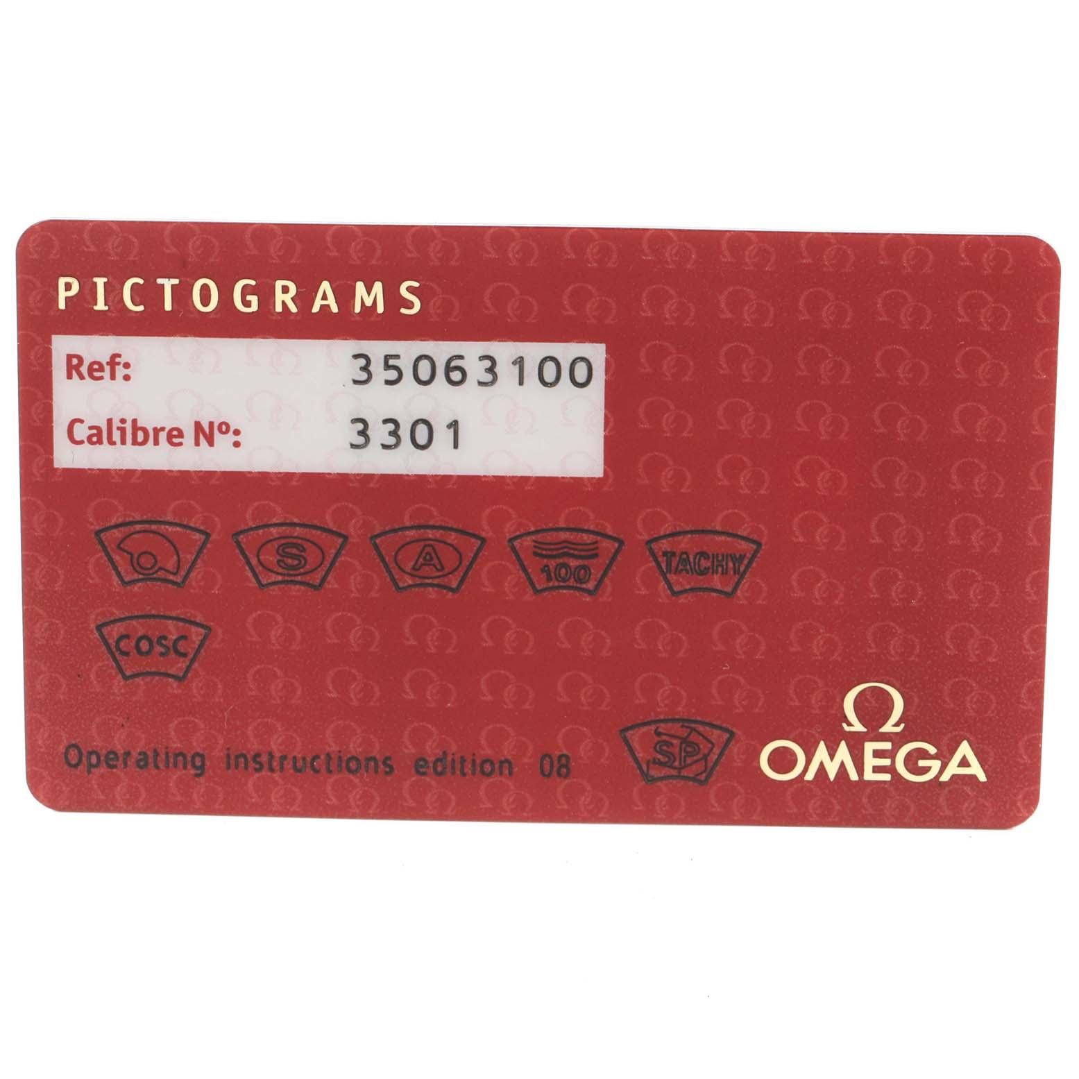 This image shows a red Omega Speedmaster 3506.31.00 Men's Stainless Steel Silver Dial 3506.31.00 Men's Stainless Steel Silver Dial model pictograms card with reference and calibre numbers.