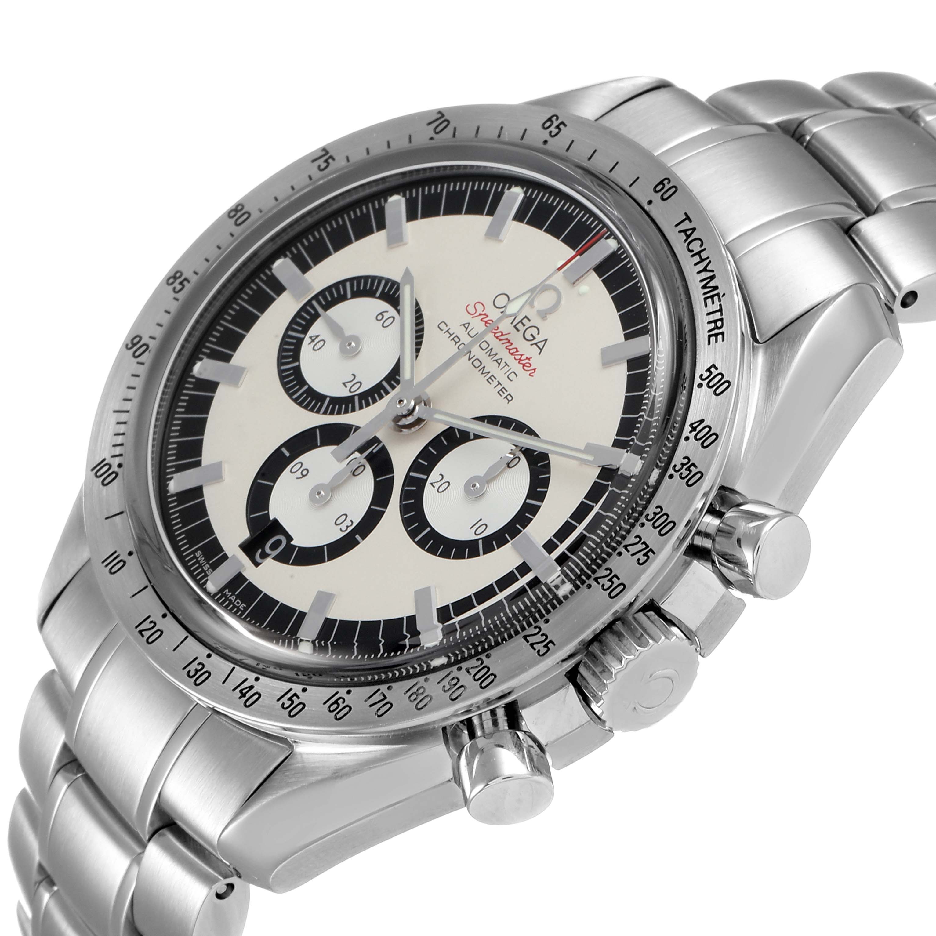 This image shows an angled view of the Omega Speedmaster 3506.31.00 Men's Stainless Steel Silver Dial 3506.31.00 Men's Stainless Steel Silver Dial watch highlighting its dial, bezel, and bracelet.