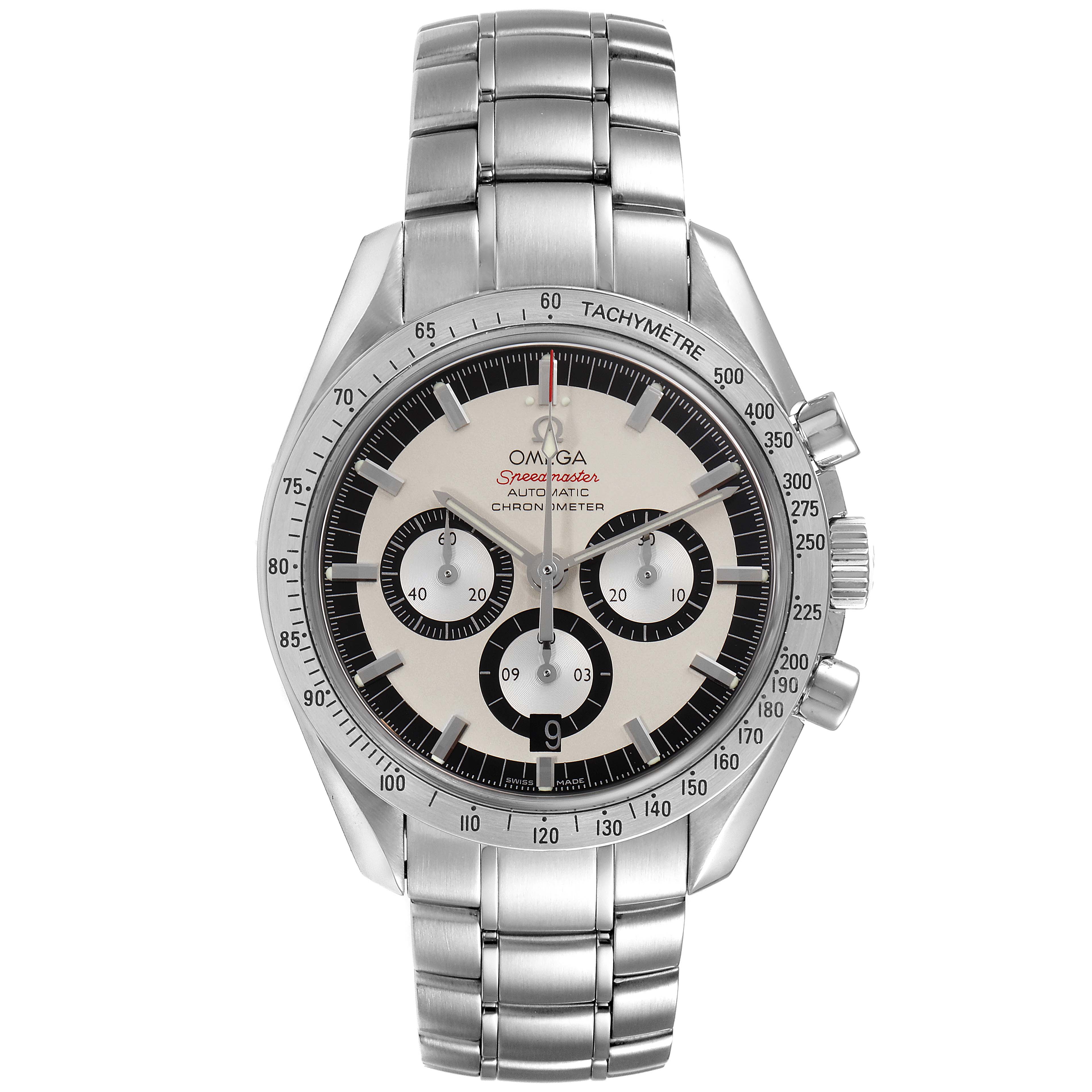 The Omega Speedmaster 3506.31.00 Men's Stainless Steel Silver Dial 3506.31.00 Men's Stainless Steel Silver Dial watch is shown from the front, displaying the dial, bezel, pushers, and bracelet.