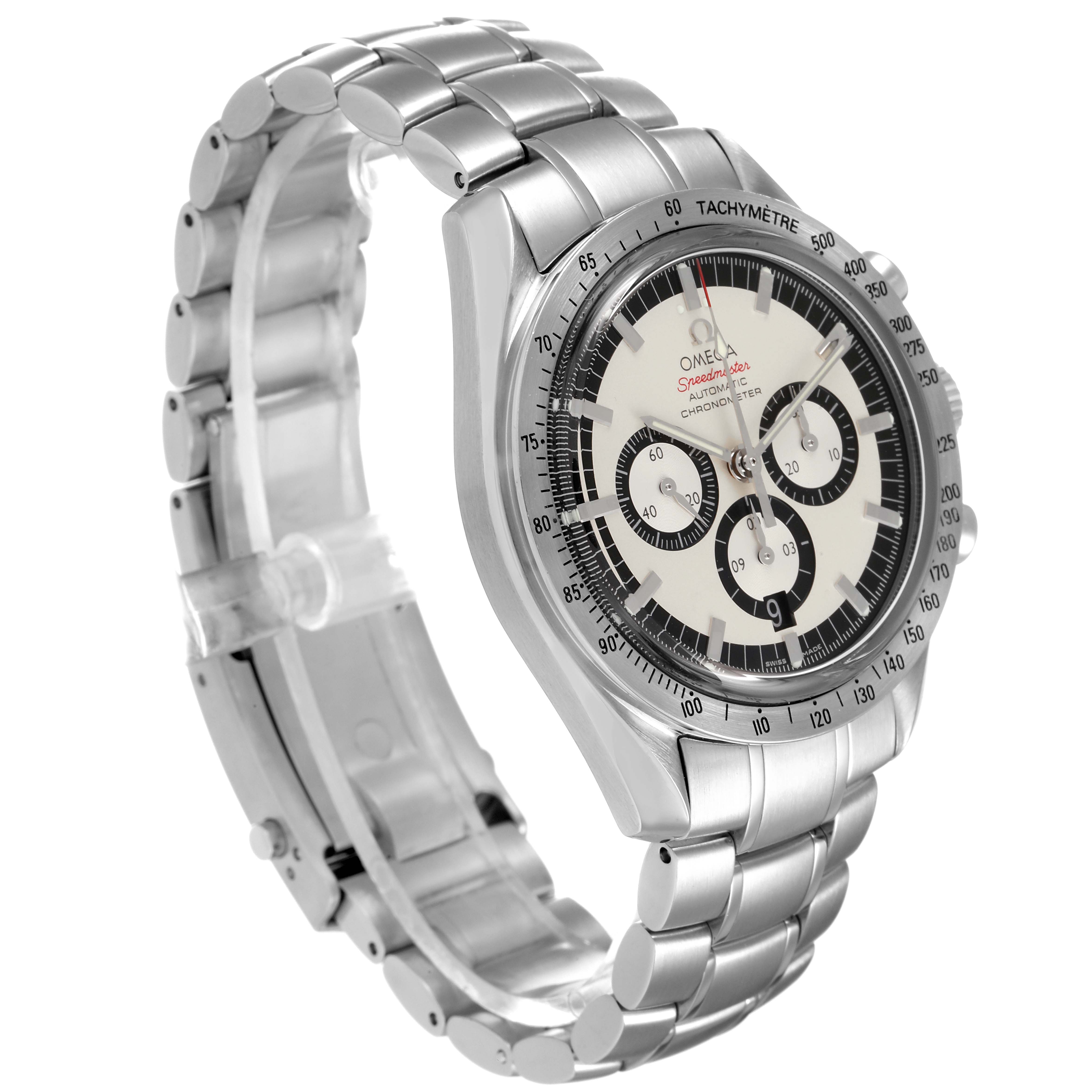 The image shows a side angle view of an Omega Speedmaster 3506.31.00 Men's Stainless Steel Silver Dial 3506.31.00 Men's Stainless Steel Silver Dial watch emphasizing its face and stainless steel bracelet.