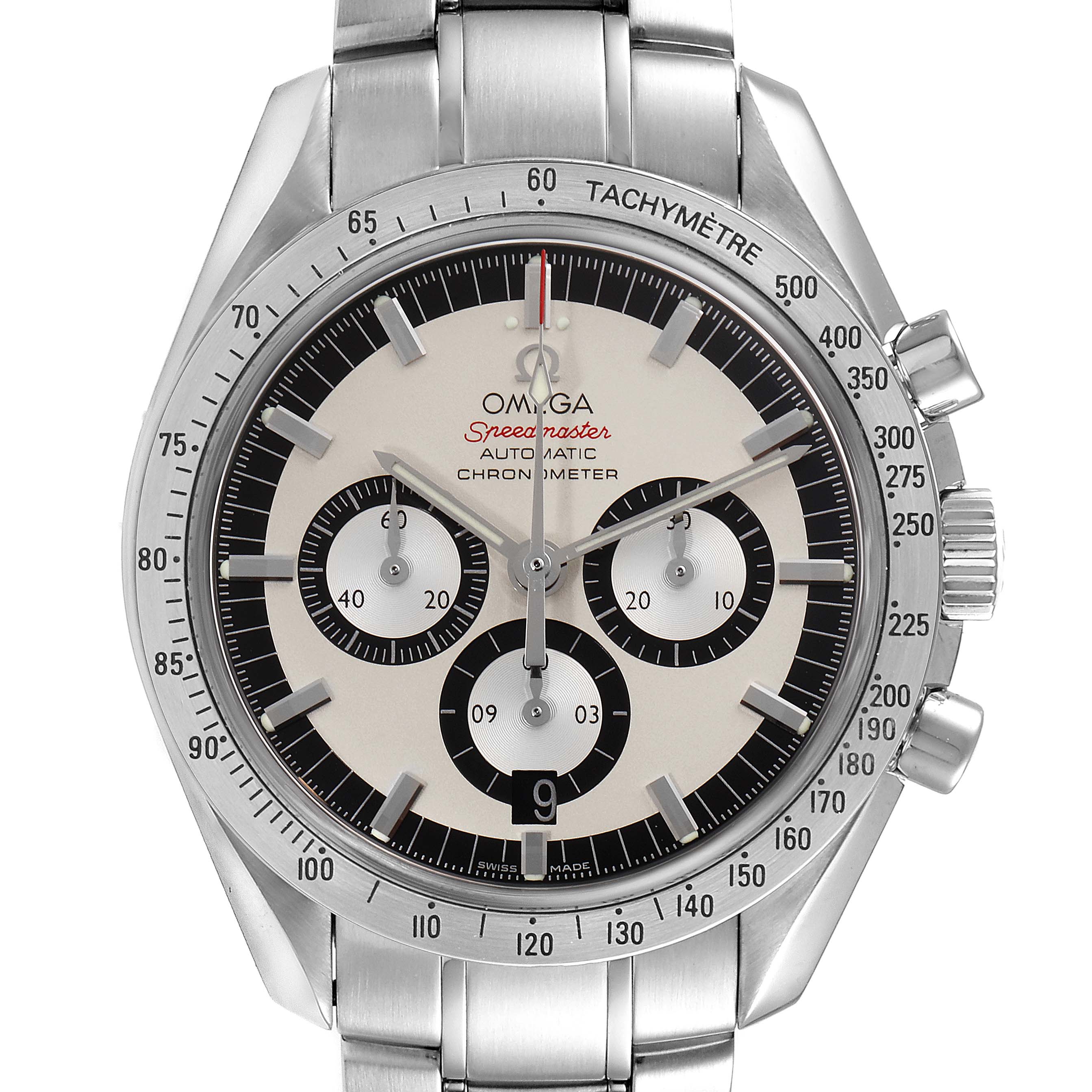 The Omega Speedmaster 3506.31.00 Men's Stainless Steel Silver Dial 3506.31.00 Men's Stainless Steel Silver Dial watch is shown from the front, highlighting the dial, subdials, bezel, and bracelet.