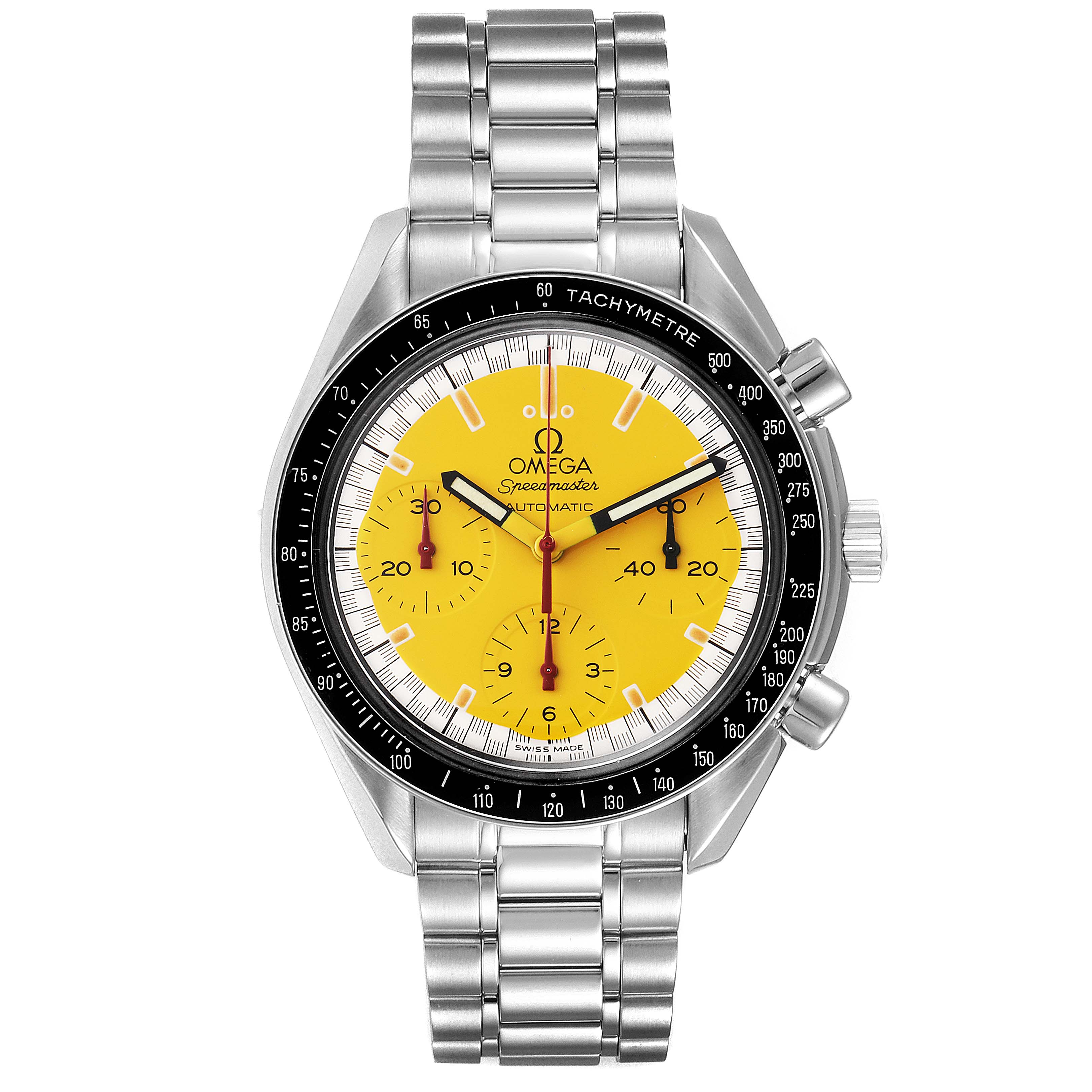 This image shows a front view of an Omega Speedmaster 3510.12.00 Men's Stainless Steel Yellow Dial 3510.12.00 Men's Stainless Steel Yellow Dial watch with a yellow dial and stainless steel bracelet.