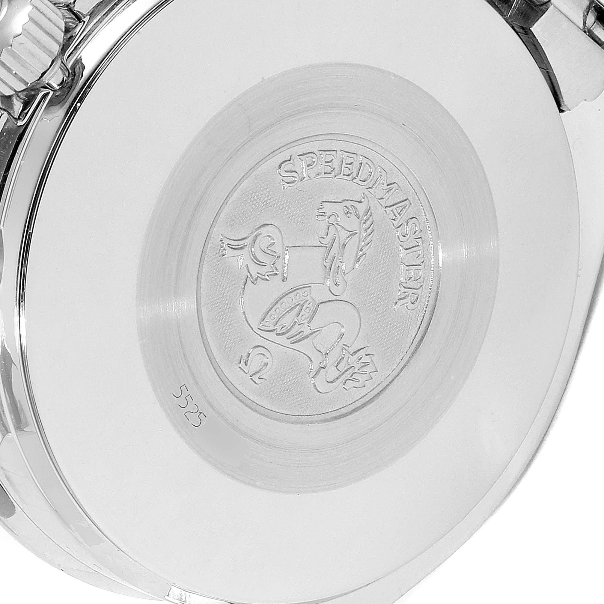 This image shows the back case of an Omega Speedmaster 3510.12.00 Men's Stainless Steel Yellow Dial 3510.12.00 Men's Stainless Steel Yellow Dial watch, featuring the engraved logo and branding.