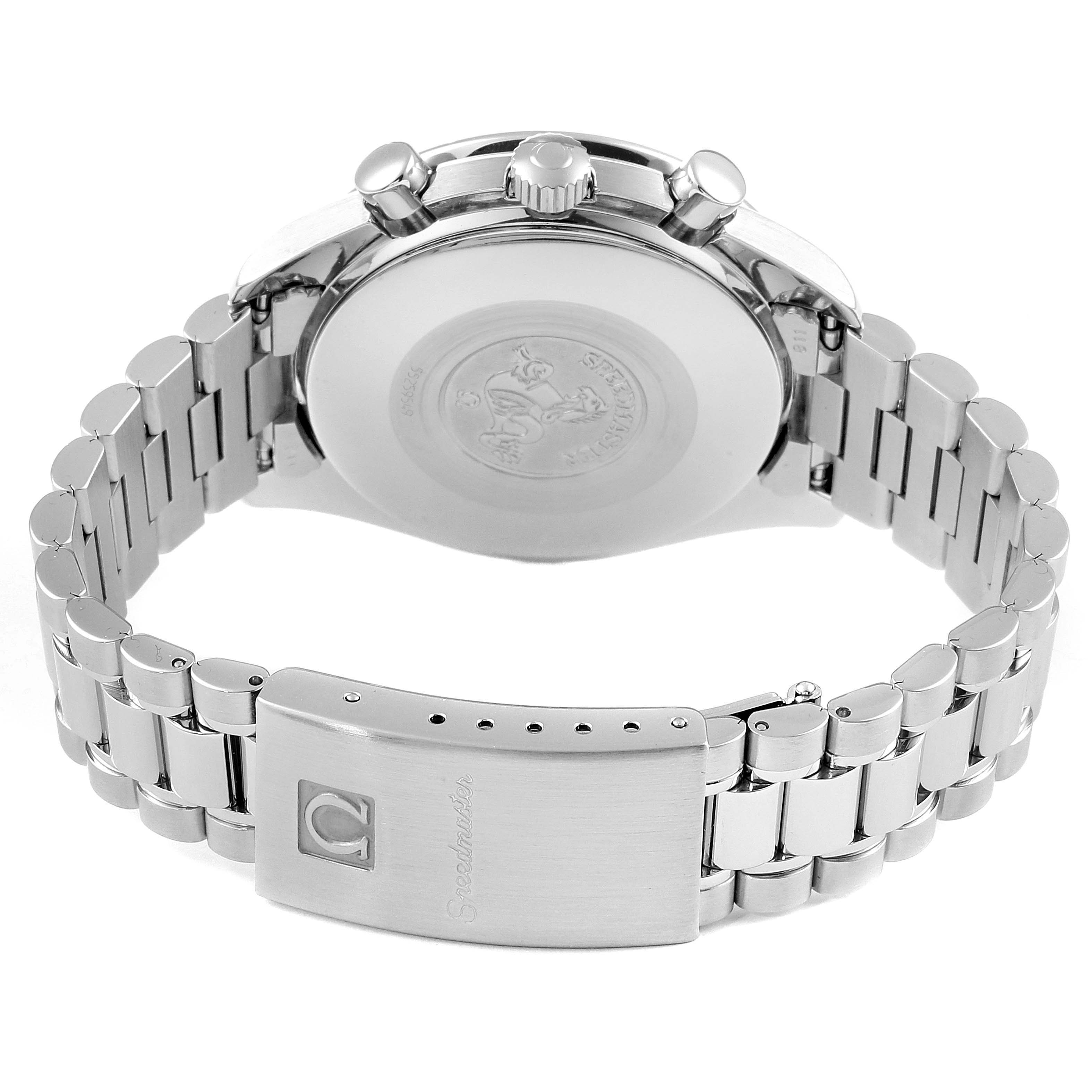 The Omega Speedmaster 3510.12.00 Men's Stainless Steel Yellow Dial 3510.12.00 Men's Stainless Steel Yellow Dial watch is shown from the back, displaying the case back, bracelet, and clasp.