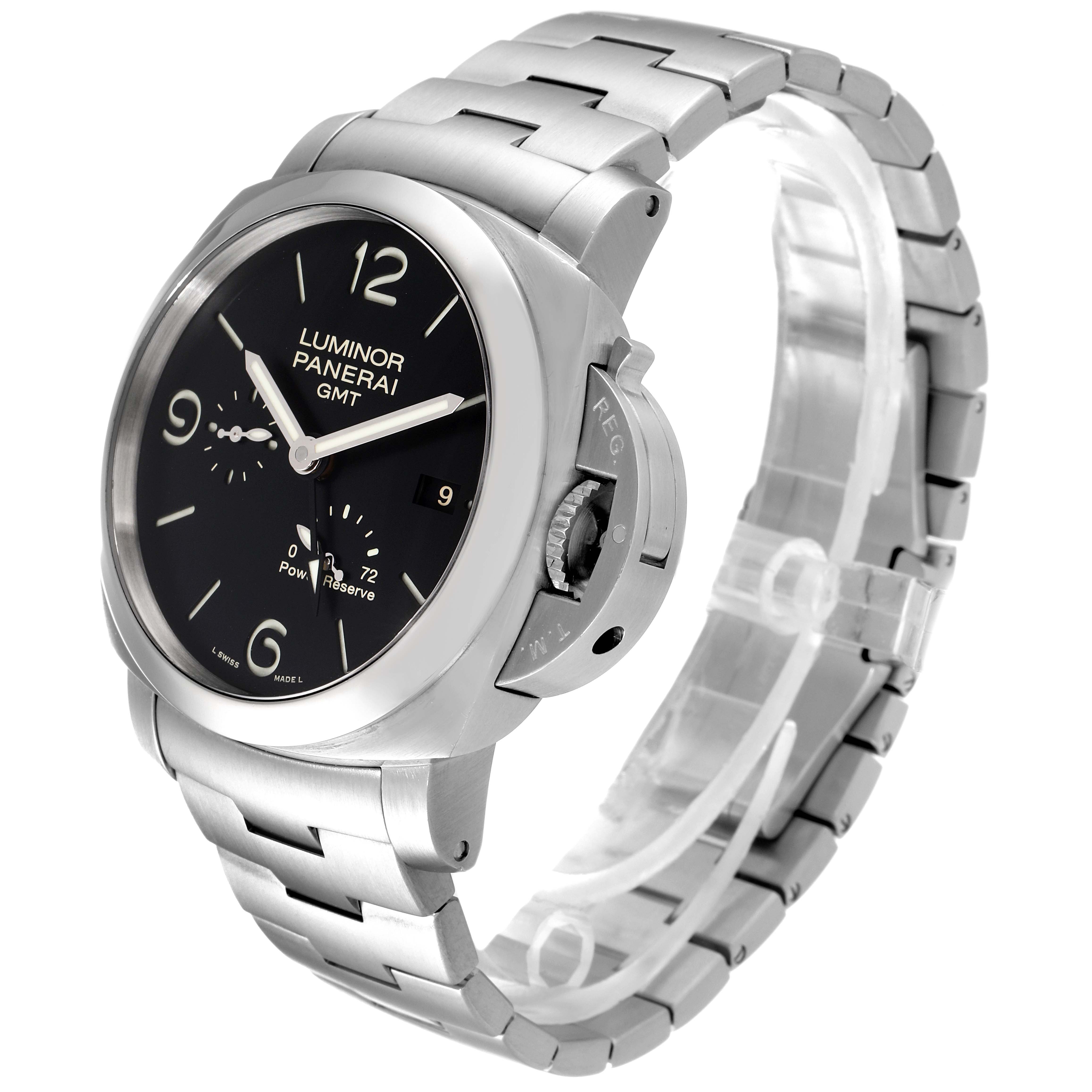 The image shows a Panerai Luminor PAM00347 Men
s Stainless Steel Black Dial PAM00347 Men
s Stainless Steel Black Dial GMT watch, angled from the front-right, displaying the face, case, and metal bracelet.