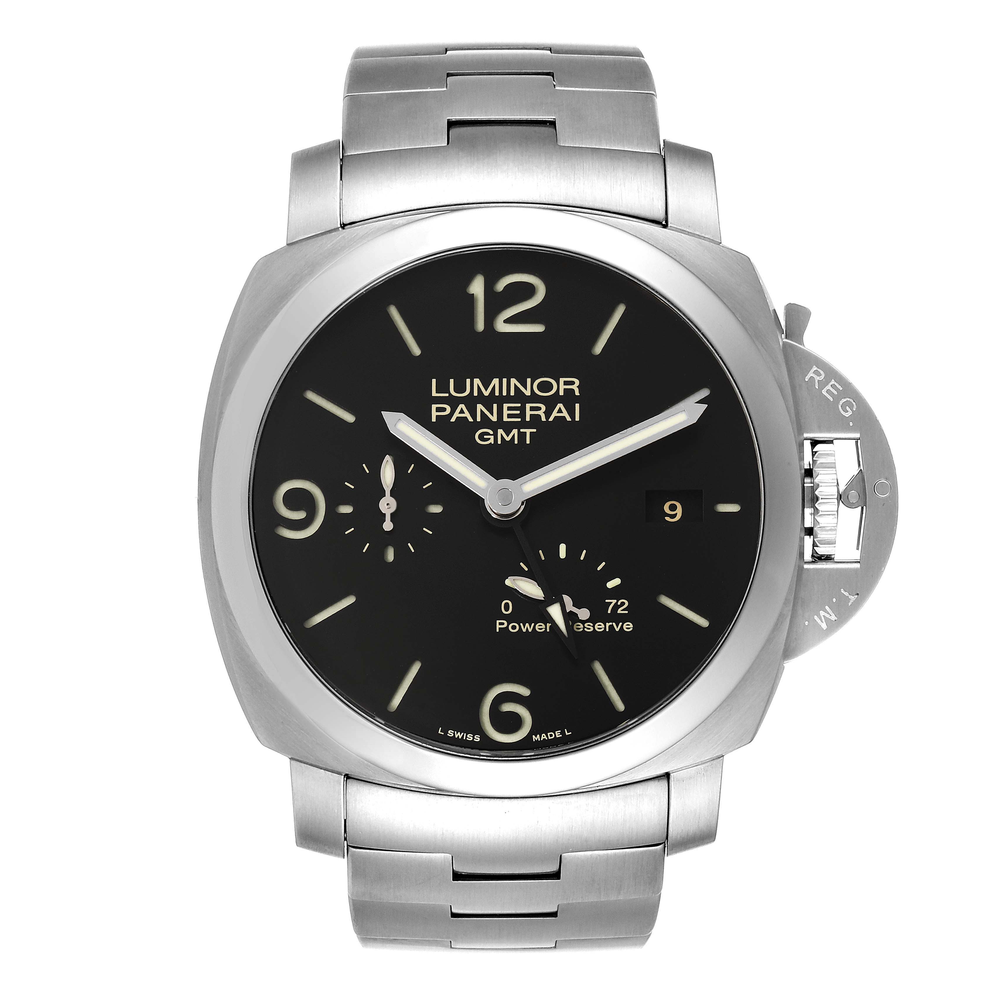 The image shows a front view of the Panerai Luminor PAM00347 Men
s Stainless Steel Black Dial PAM00347 Men
s Stainless Steel Black Dial GMT watch, featuring its black dial, and stainless steel bracelet.