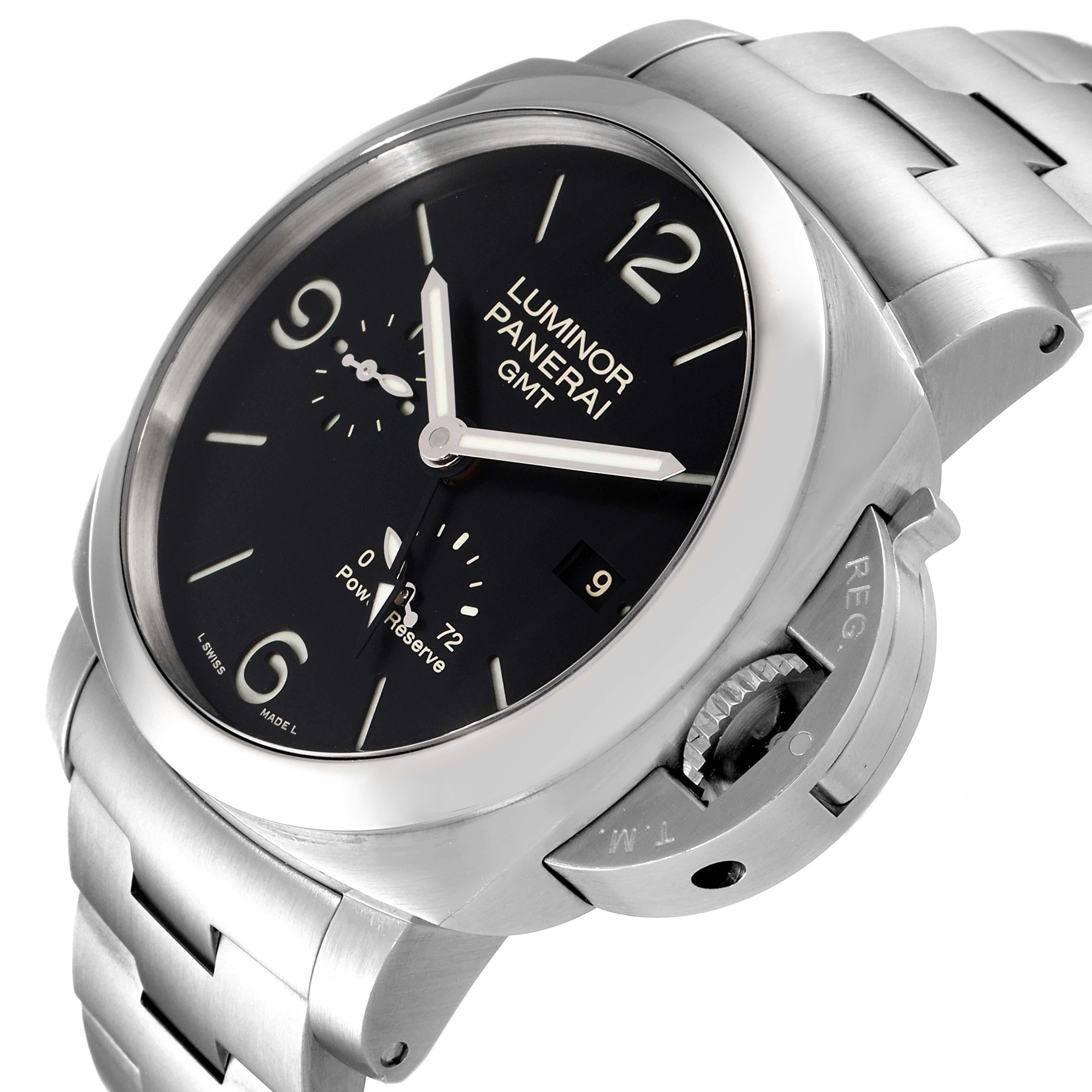 The image showcases a Panerai Luminor PAM00347 Men
s Stainless Steel Black Dial PAM00347 Men
s Stainless Steel Black Dial watch at an angled close-up, highlighting the dial, bezel, crown guard, and part of the bracelet.