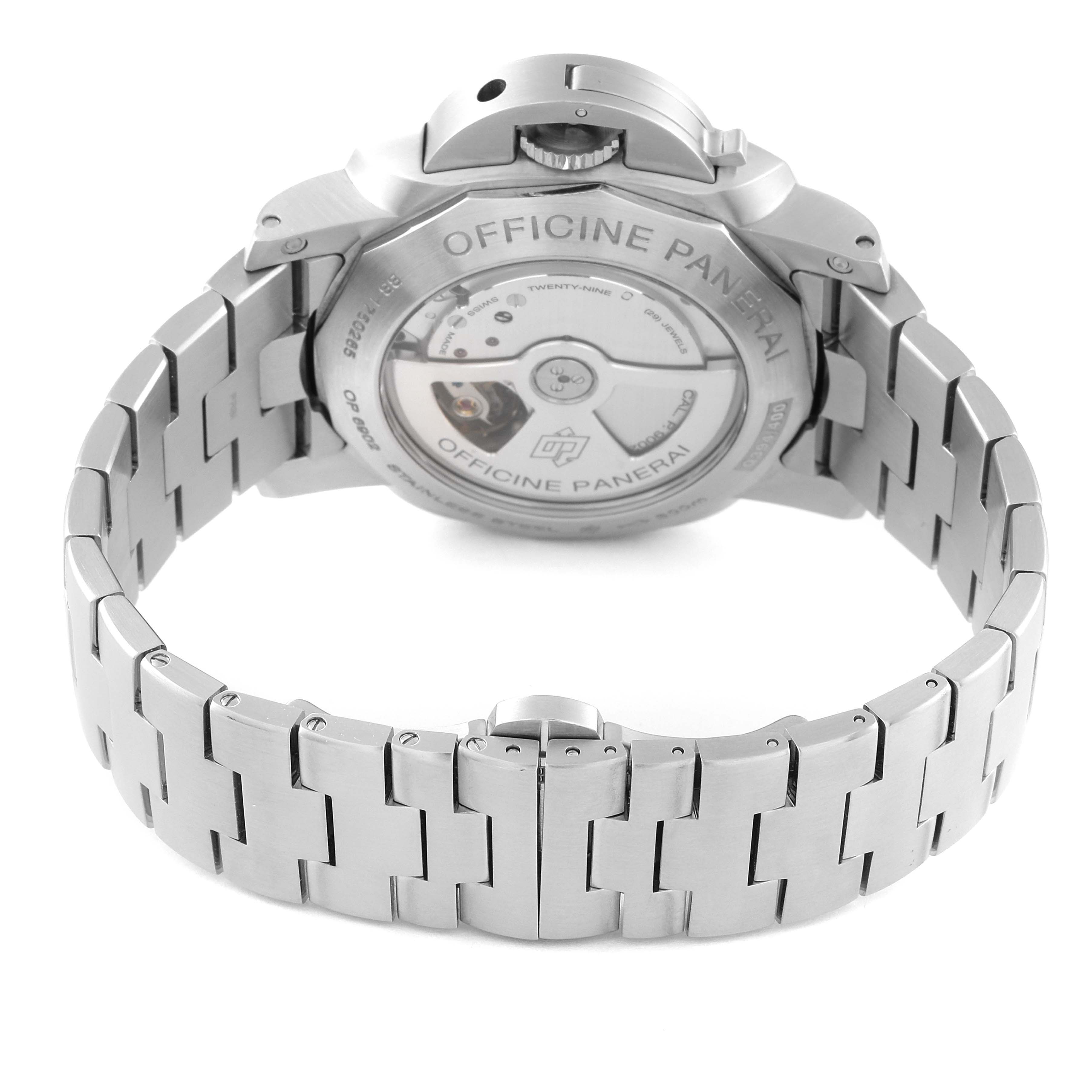 The image shows the back case and metal bracelet of a Panerai Luminor PAM00347 Men
s Stainless Steel Black Dial PAM00347 Men
s Stainless Steel Black Dial watch, highlighting the detailed mechanics and branding.