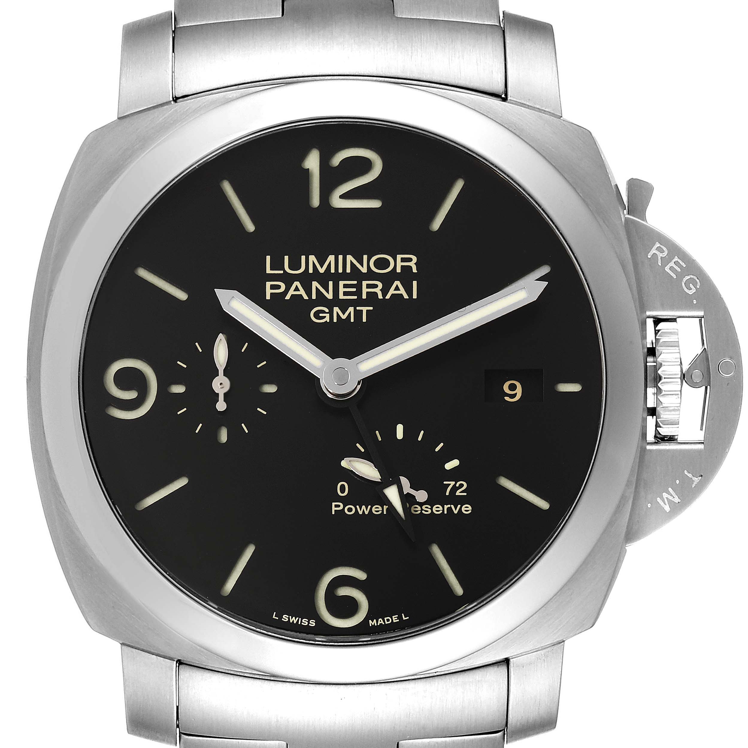 The image shows a front view of a Panerai Luminor PAM00347 Men
s Stainless Steel Black Dial PAM00347 Men
s Stainless Steel Black Dial GMT watch, displaying its black dial, hour markers, hands, sub-dials, and date window.