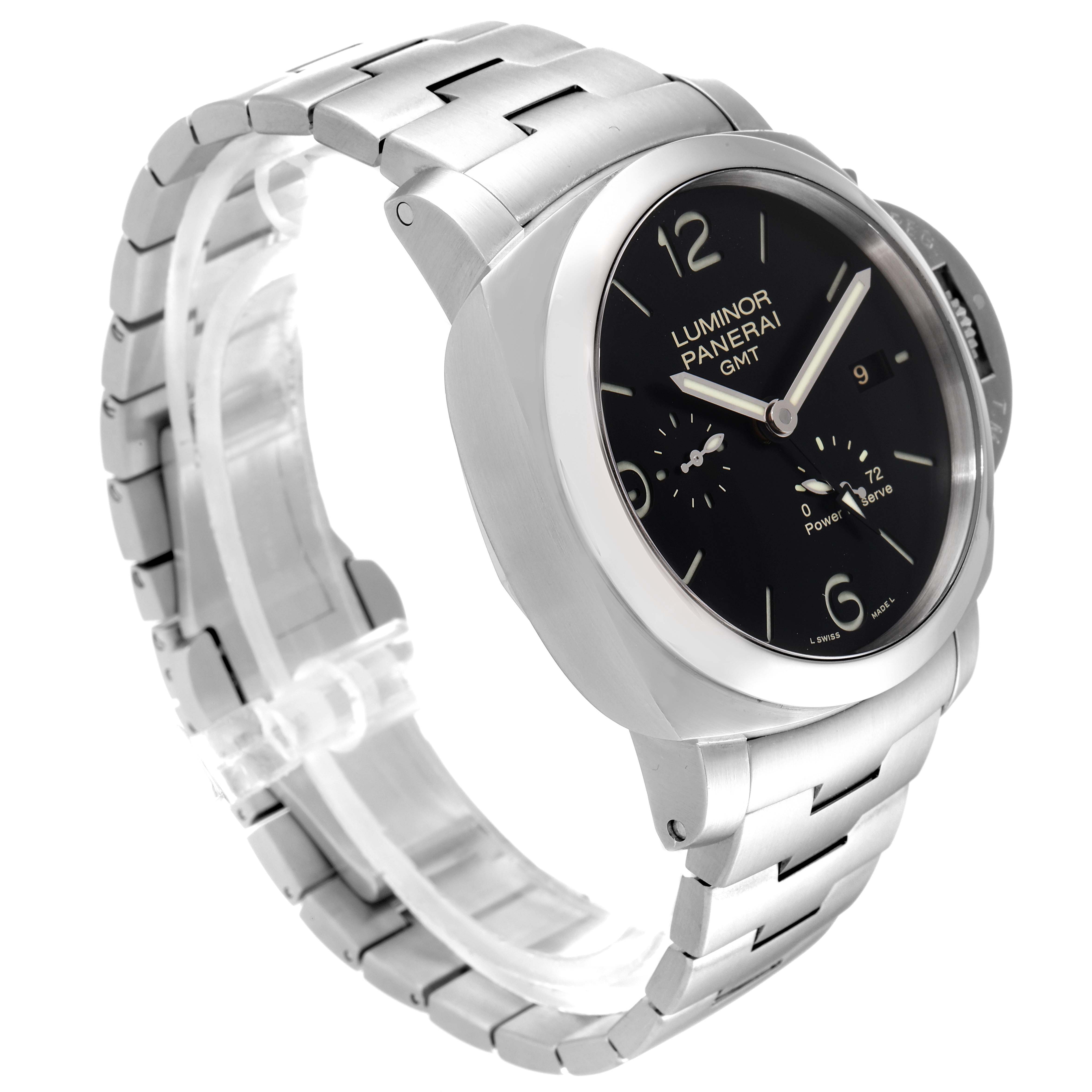 The Panerai Luminor PAM00347 Men
s Stainless Steel Black Dial PAM00347 Men
s Stainless Steel Black Dial watch is shown at a three-quarter angle, highlighting the face, bezel, and metal bracelet.