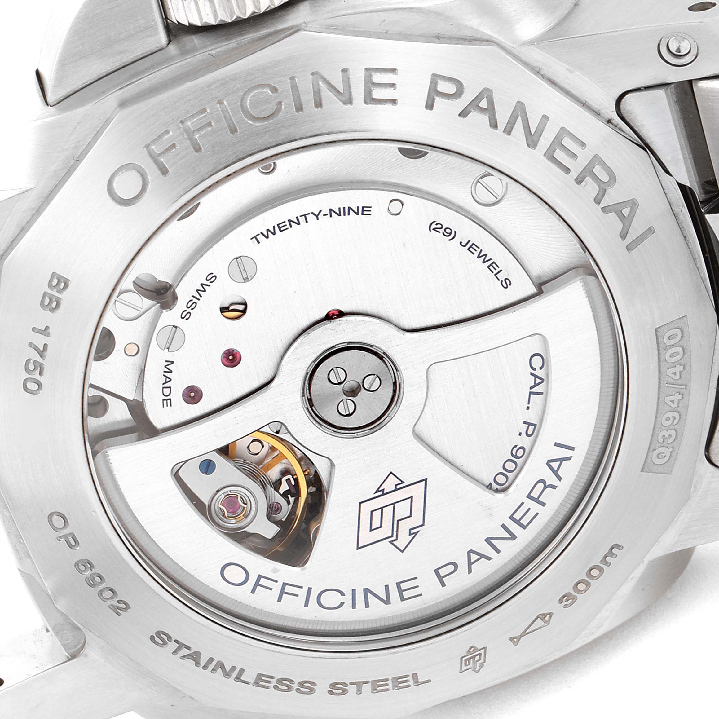 The image shows the back view of a Panerai Luminor PAM00347 Men
s Stainless Steel Black Dial PAM00347 Men
s Stainless Steel Black Dial watch, displaying its automatic movement and engravings.