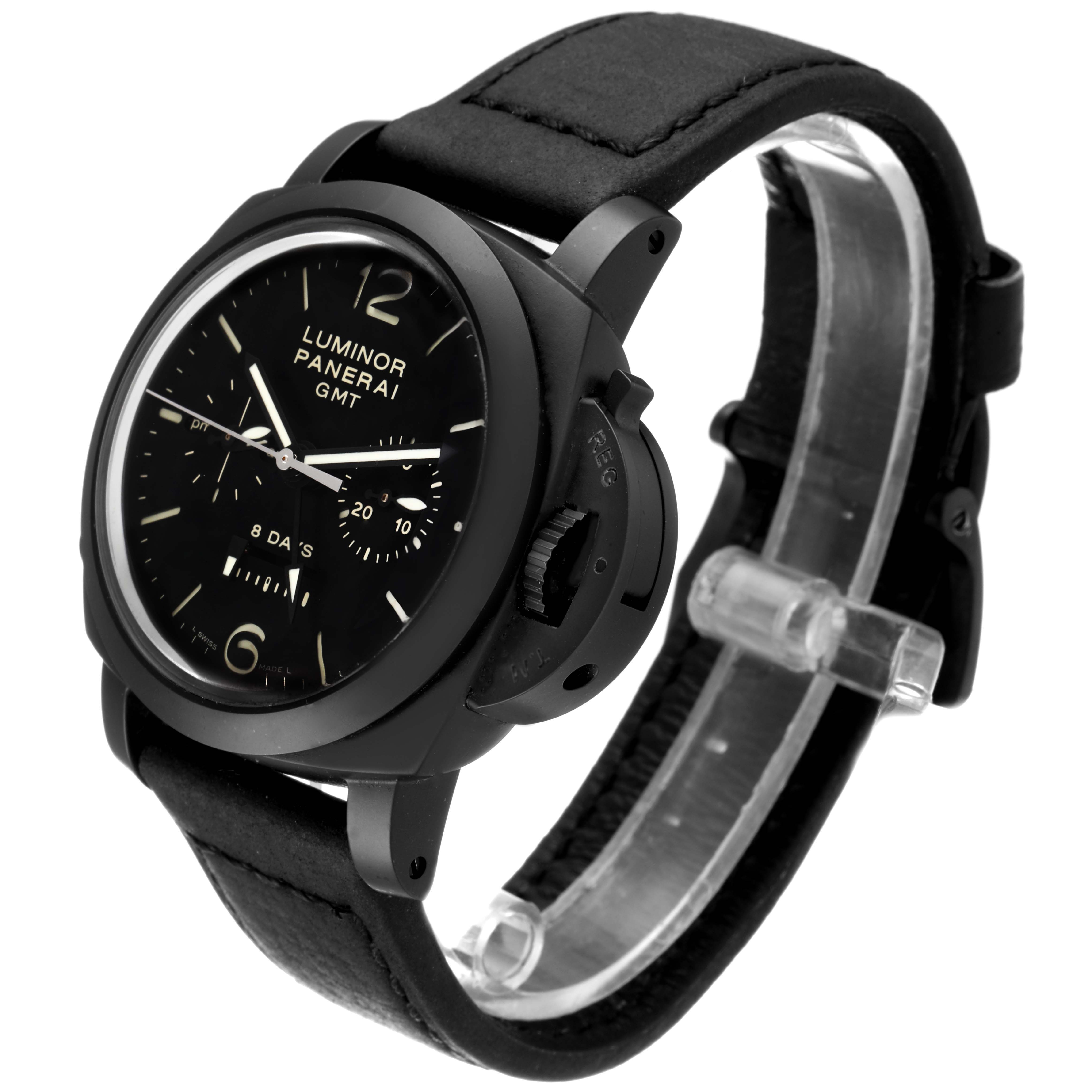 This Panerai Luminor PAM00317 Men's Ceramic Black Dial PAM00317 Men's Ceramic Black Dial model watch is shown at a three-quarter angle, highlighting its black dial, crown guard, and leather strap.