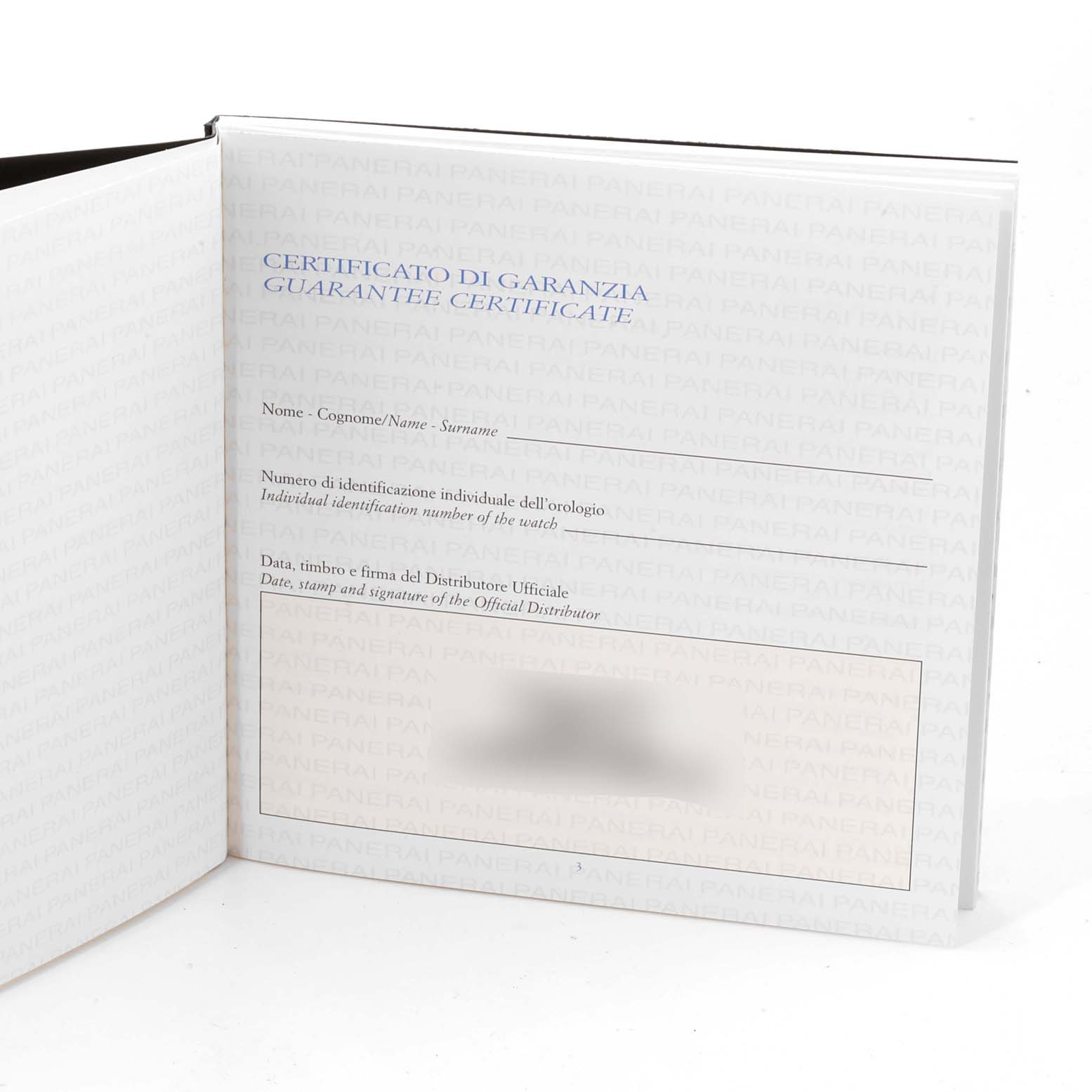 This image shows the guarantee certificate booklet for the Panerai Luminor PAM00317 Men's Ceramic Black Dial PAM00317 Men's Ceramic Black Dial model, viewed from an open angle.