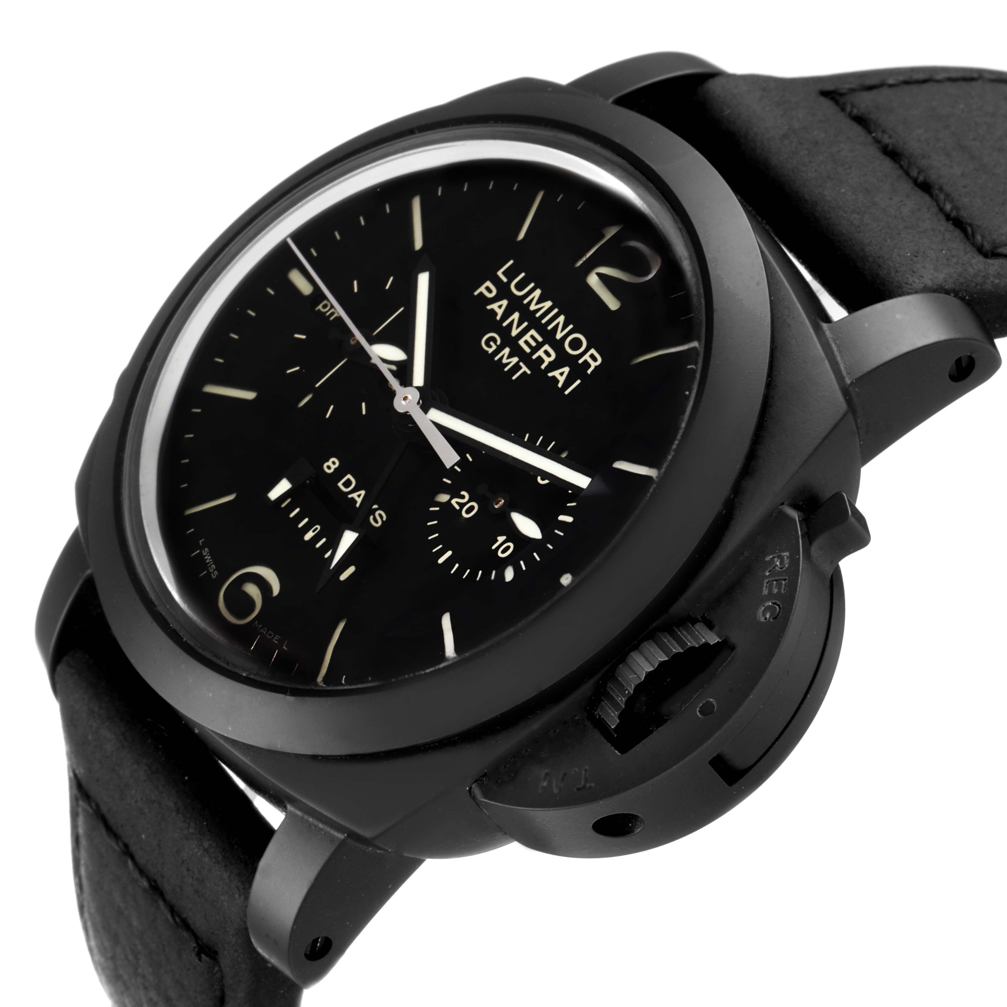 This is a close-up angle of the Panerai Luminor PAM00317 Men's Ceramic Black Dial PAM00317 Men's Ceramic Black Dial GMT watch, showing the black dial, case, crown guard, and part of the strap.